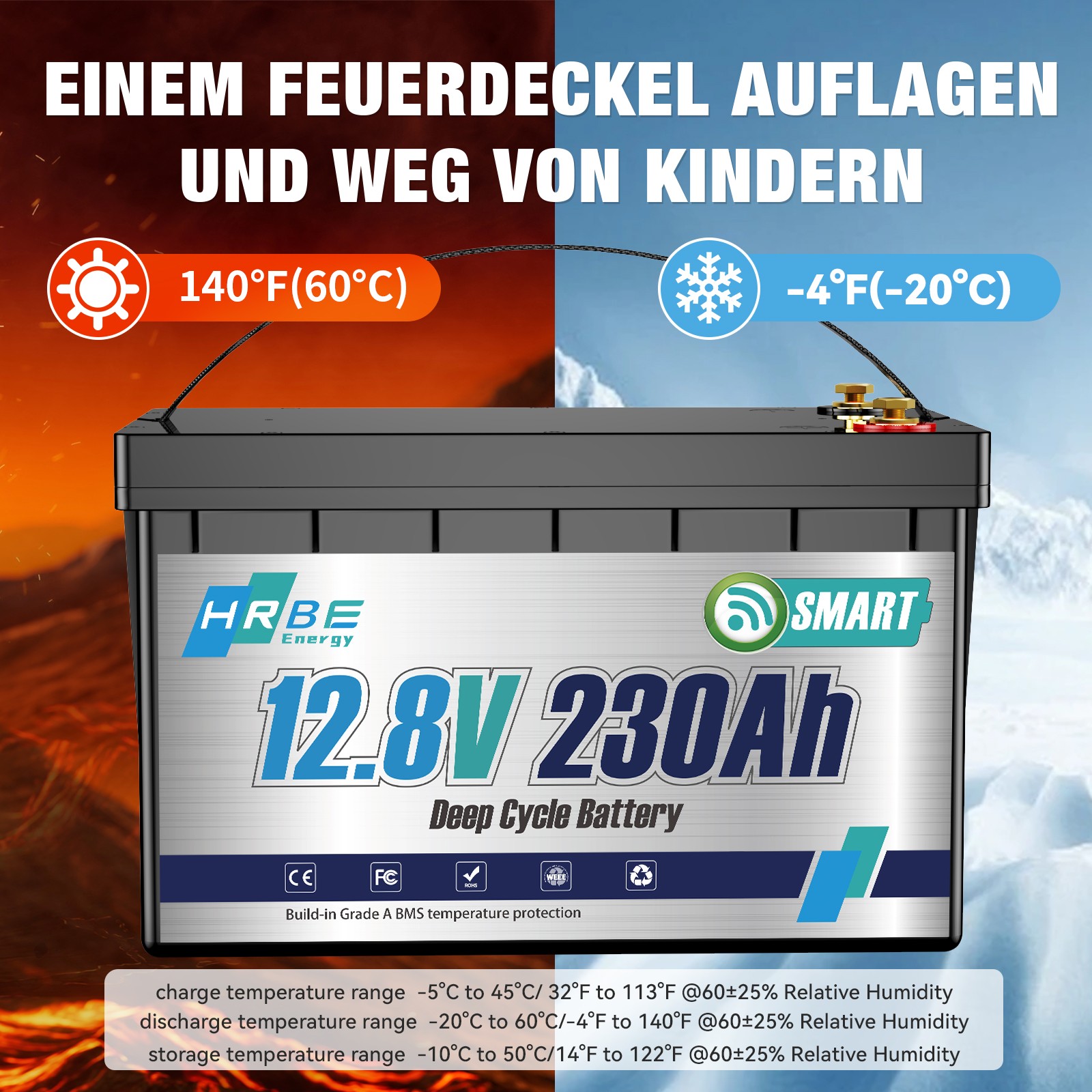 12V 230Ah Bluetooth Low Temp LiFePO4 Lithium Battery 3840WH For RV Marine Solar