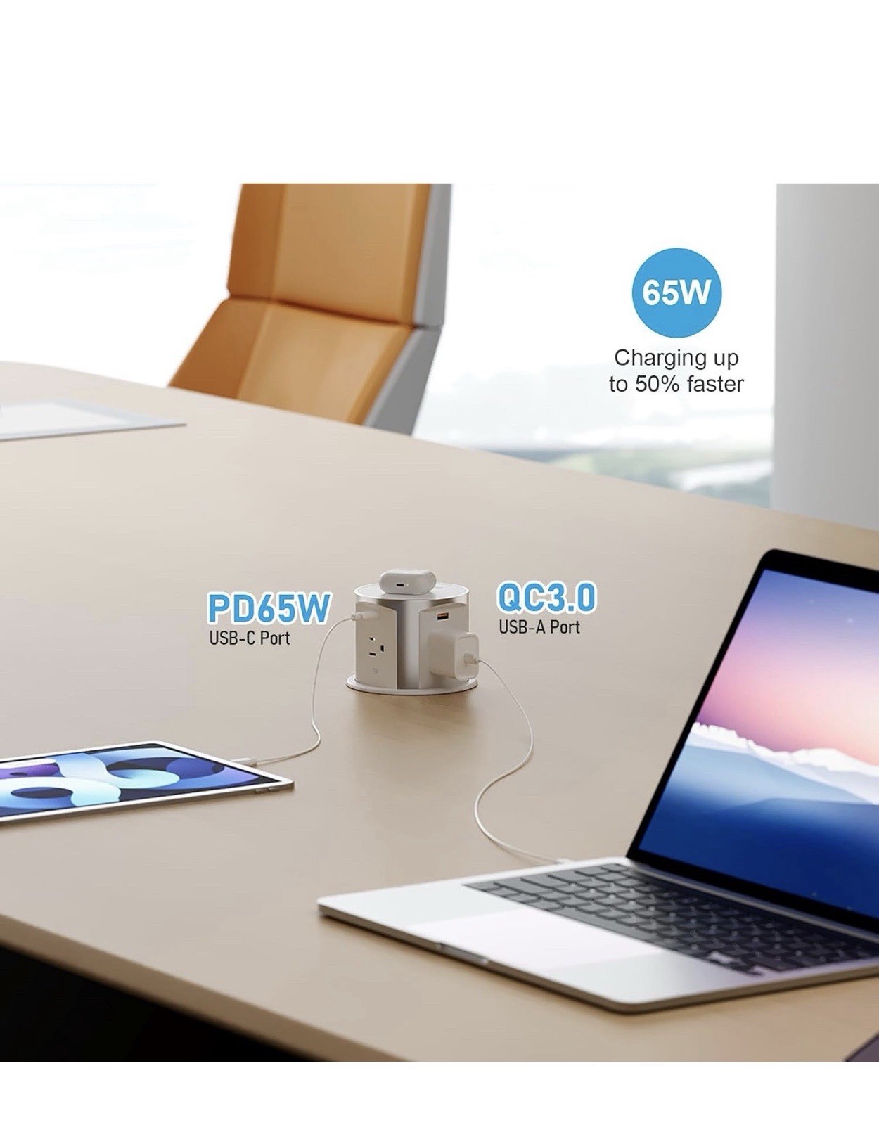 ANNQUAN 4″ Pop Up Countertop 4 USB + 4 Outlet 65W Wireless Charger 65W USB White
