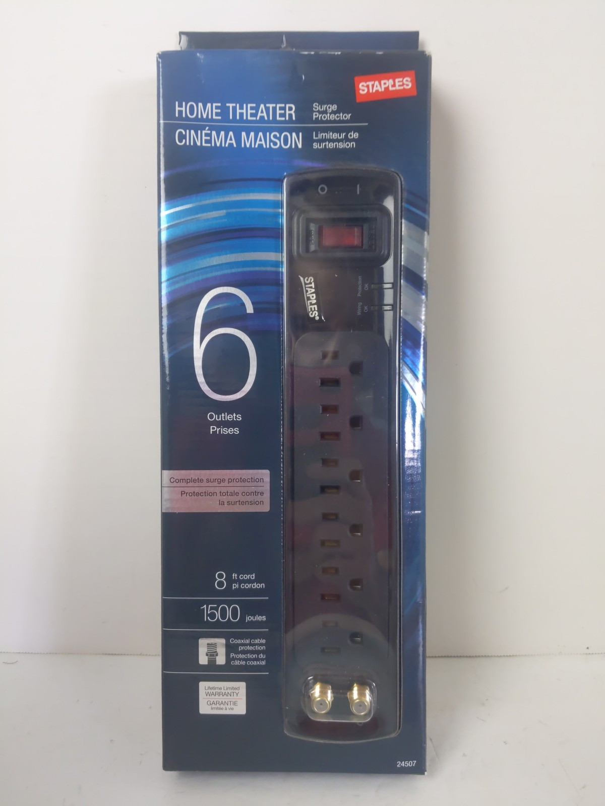 Staples Home Theater Surge Protector 24507 Coaxial Cable 1500 joules 6 Outlets
