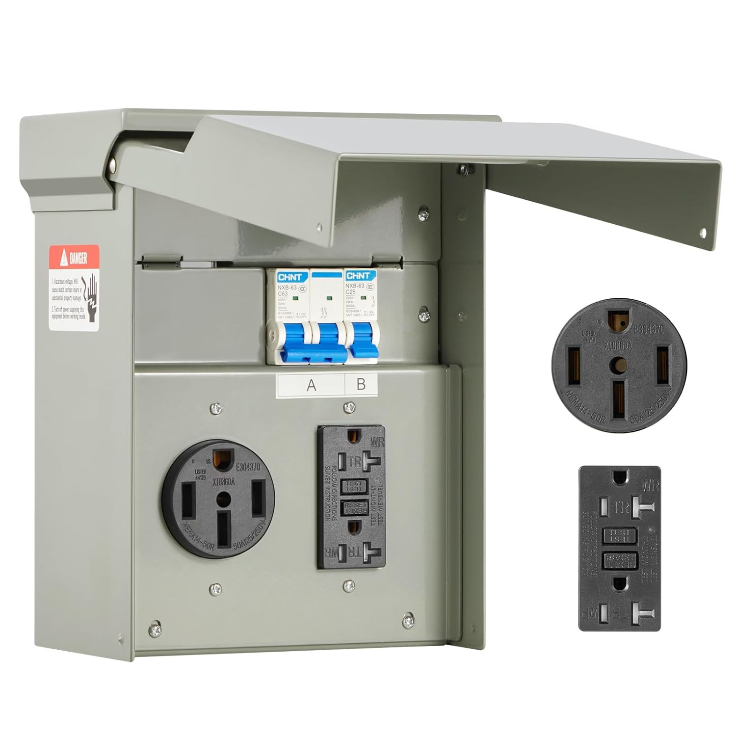 Temporary Power Outlet Panel, RV Electrical Breaker Box with Prewired 50 Amp & 2