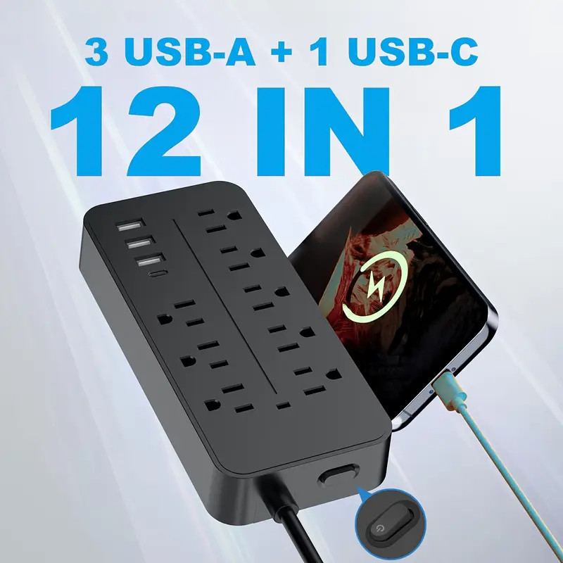 US Power Strip Surge Protector 8 AC Outlets 3 USB Ports + Type C Port 4 FT Cable