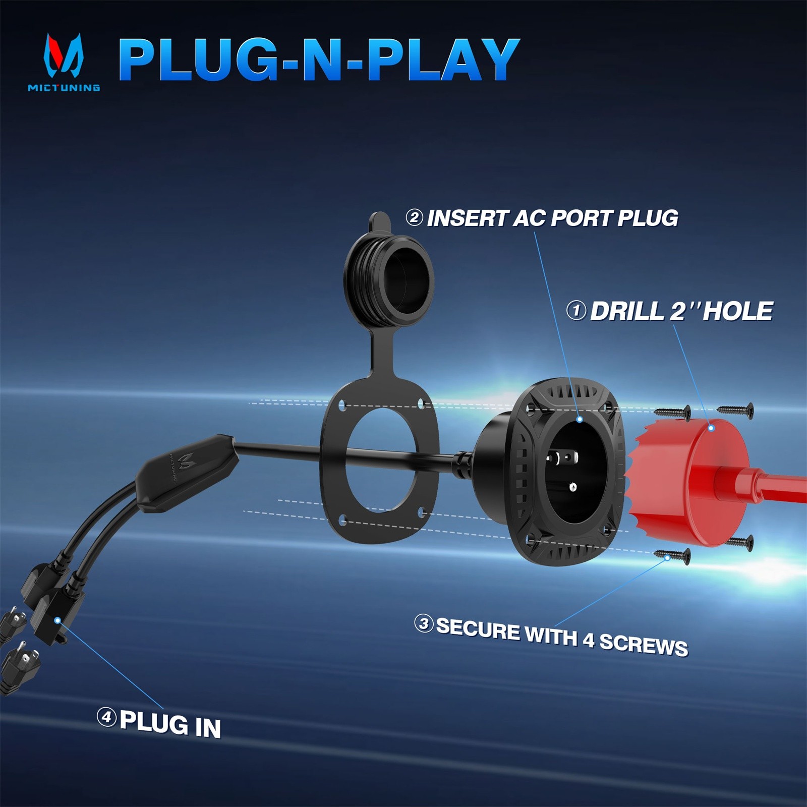 5-in-1 AC Port Plug 20A 125V Dual 20″ Extension Cords, RV Shore Power Inlet T-B
