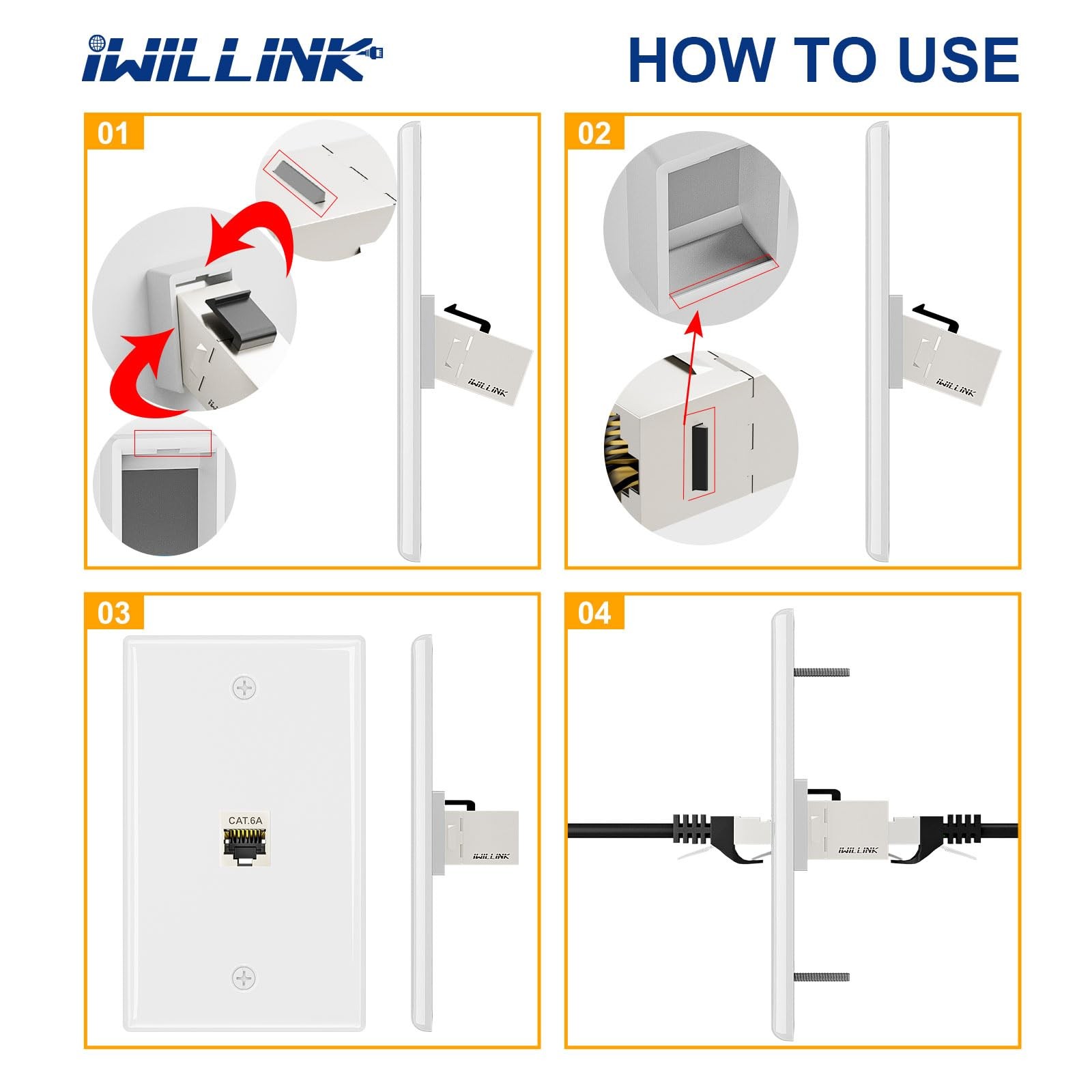 2 Pack 10Gbps Ethernet Wall Plate Cat6A 1 Port Shielded Coupler Bracket