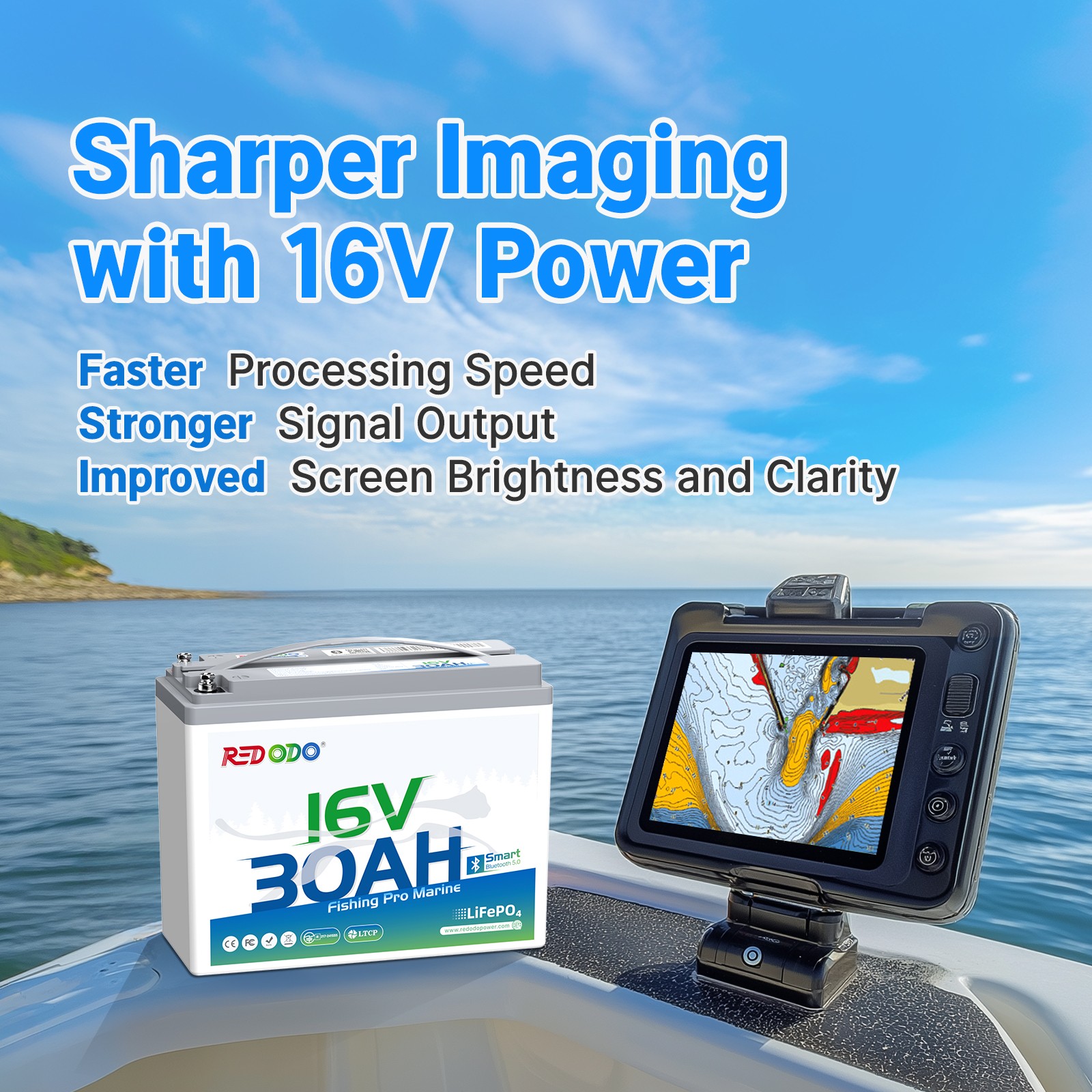 Redodo 16V 30Ah Bluetooth LiFePO4 Battery for Fishfinder,Marine Excellent