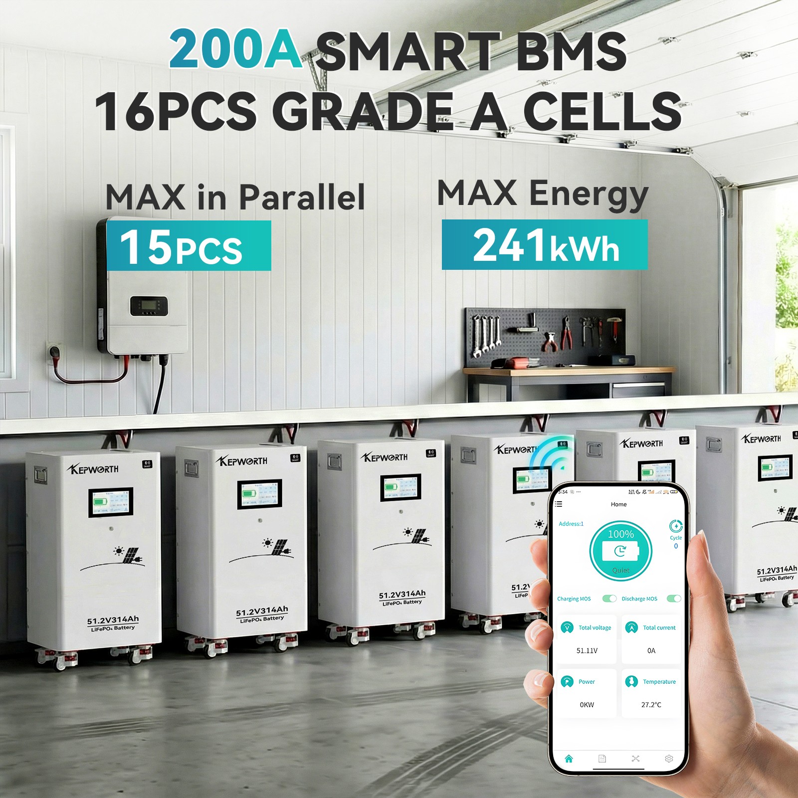 7X 48V 314Ah 16kWh Lithium Battery LiFePO4 Bluetooth 200A BMS RV Solar Off-grid