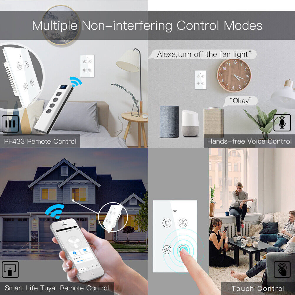MOES WiFi RF Smart Ceiling Fan Light Switch Wall Touch Glass Panel Alexa Google