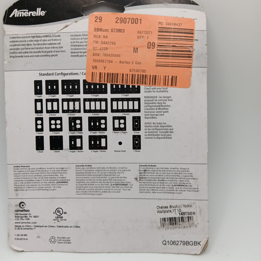 Amerelle WallPlate Brushed Nickel Chelsea 1 Toggle 1 Duplex Stamped Steel New