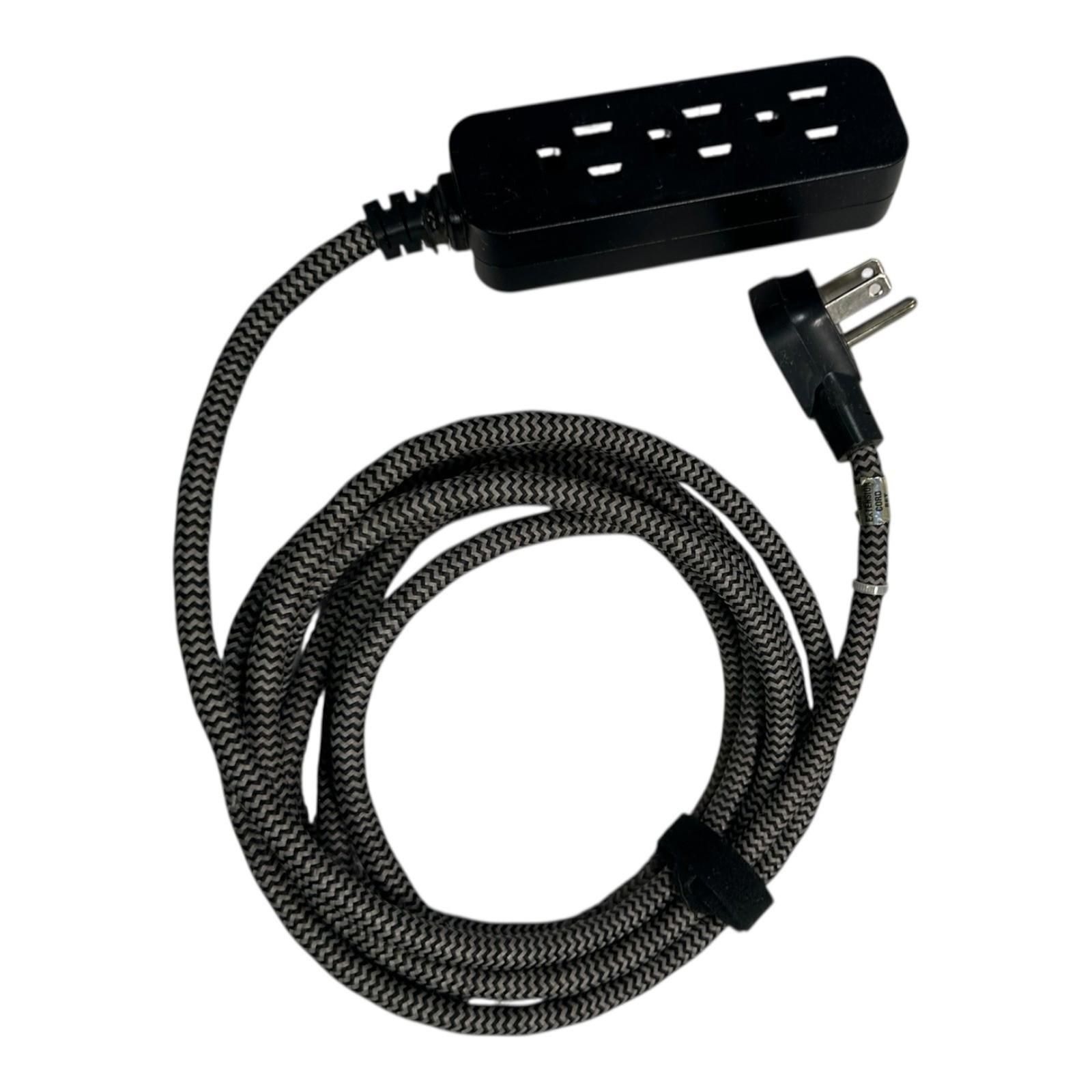Fabric Extension Cord with 3 Outlets, Gray & Black Braided Cable Length 10FT