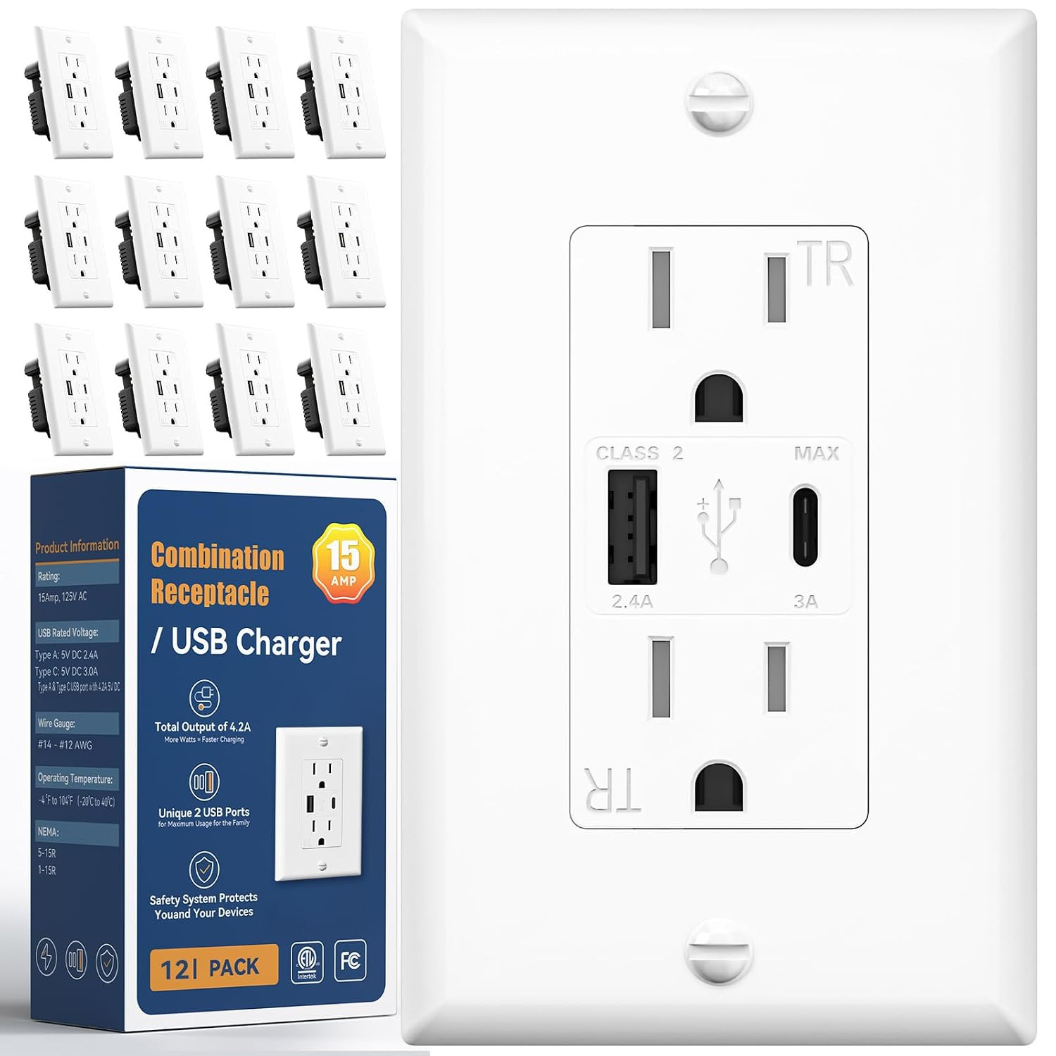 USB Outlet 6 Pack, 2-Port 21W Wall Outlets with 1 Type a & 1 Type C, 15 Amp Rece