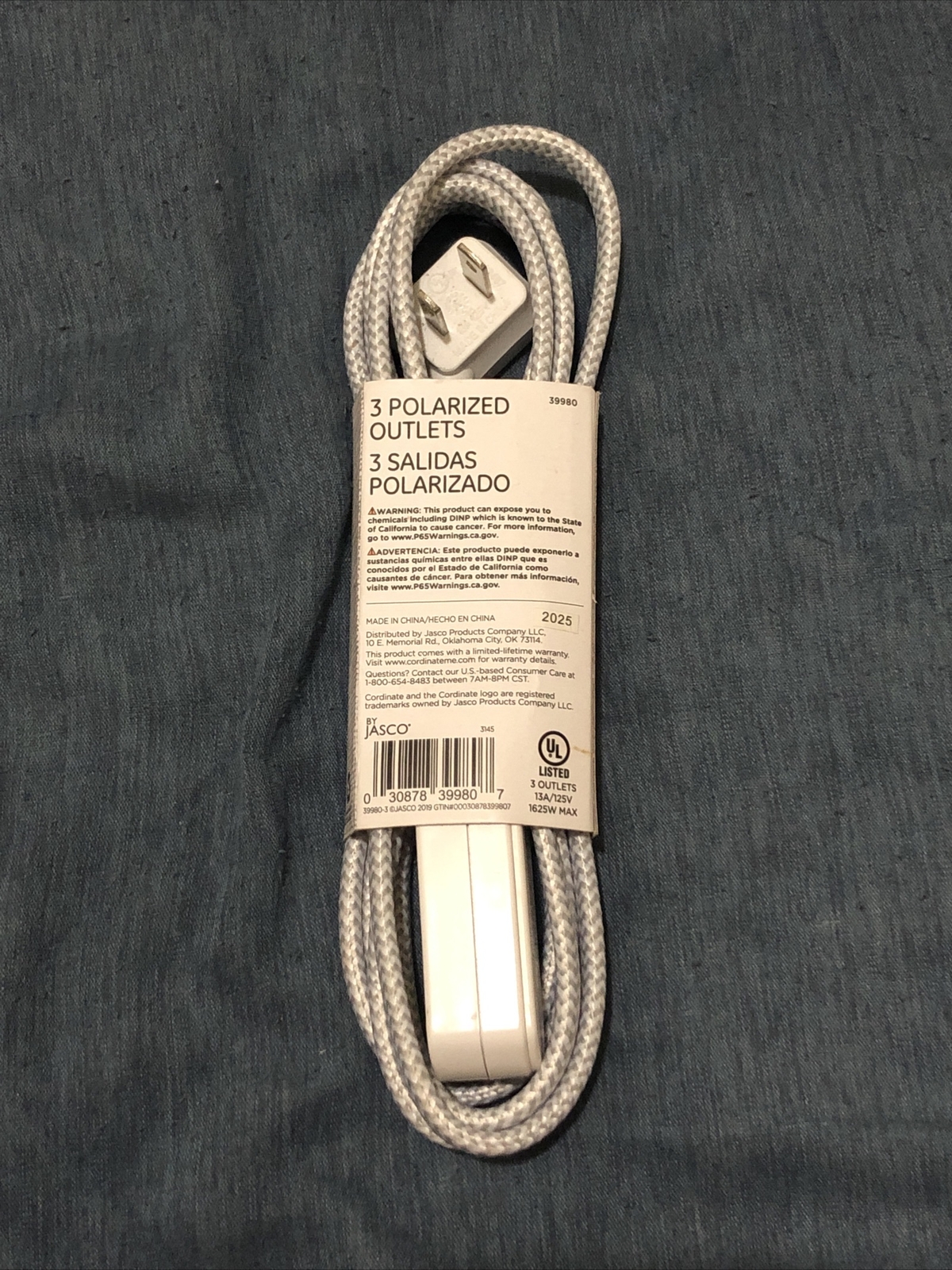 Decor Cordinate 8ft. 2.4 Braided 3 Polarized Outlet Extension Cord Gray/White
