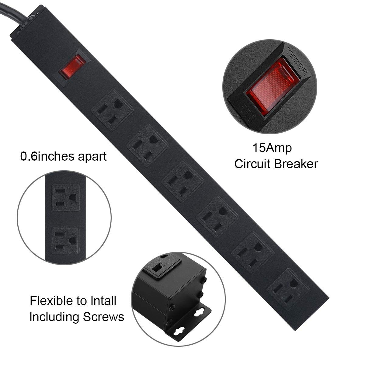 Metal Wall Mount Power Strip 6 Outlet Aluminum Alloy 6FT Cord 15A 125V Black