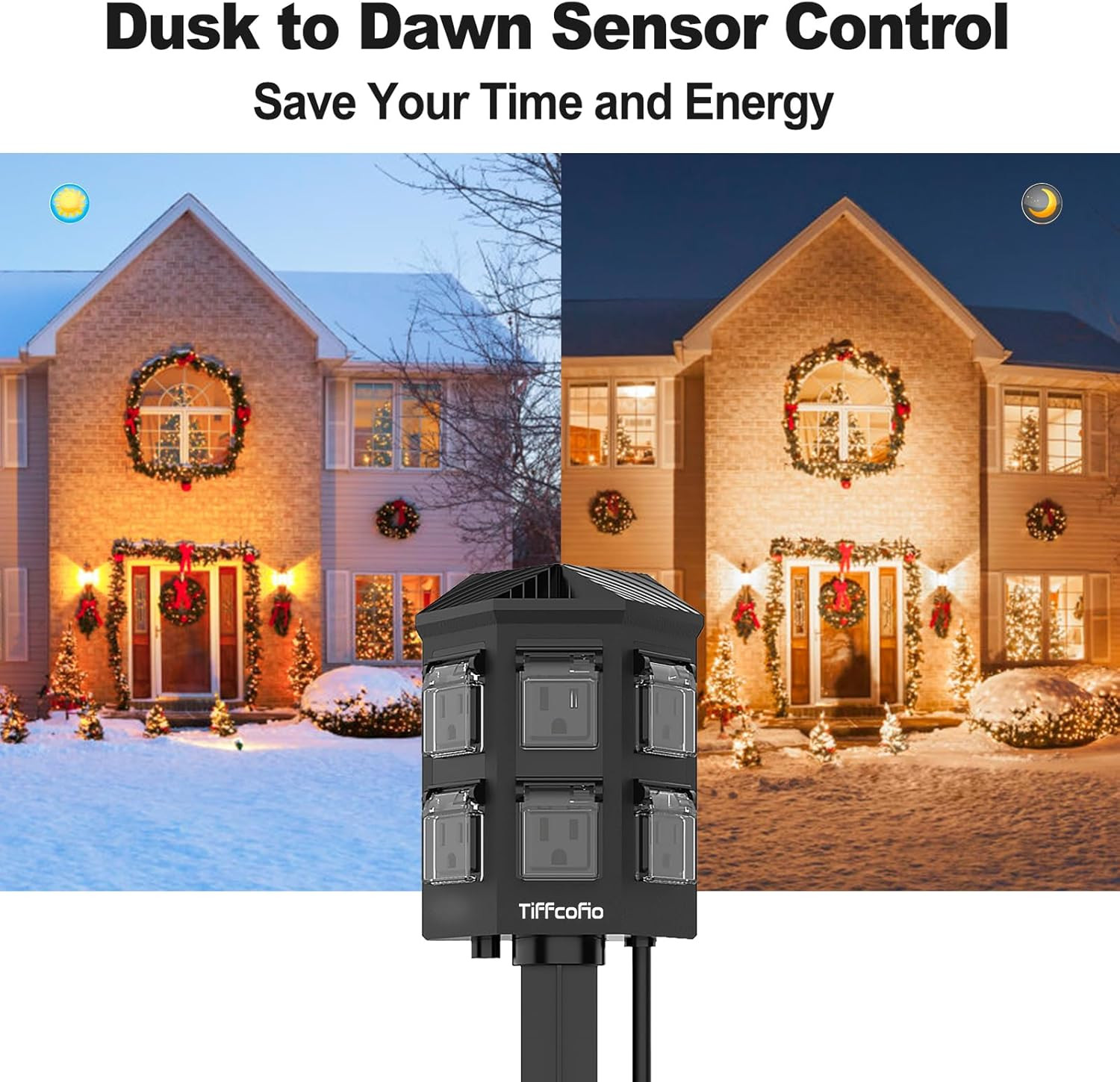 Outdoor Power Strip with 100FT Extension Cord, 100FT Remote Control, Dusk to Daw