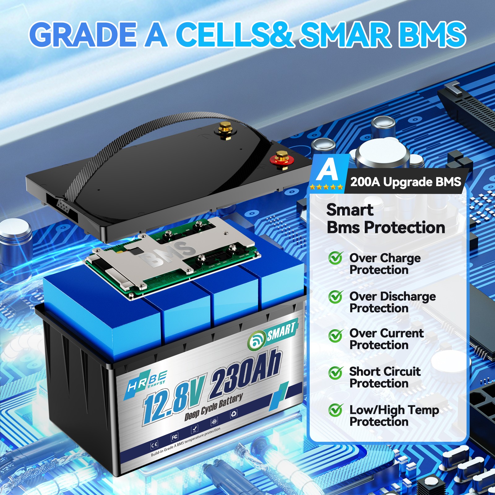 12V 230Ah Bluetooth Low Temp LiFePO4 Lithium Battery 3840WH For RV Marine Solar