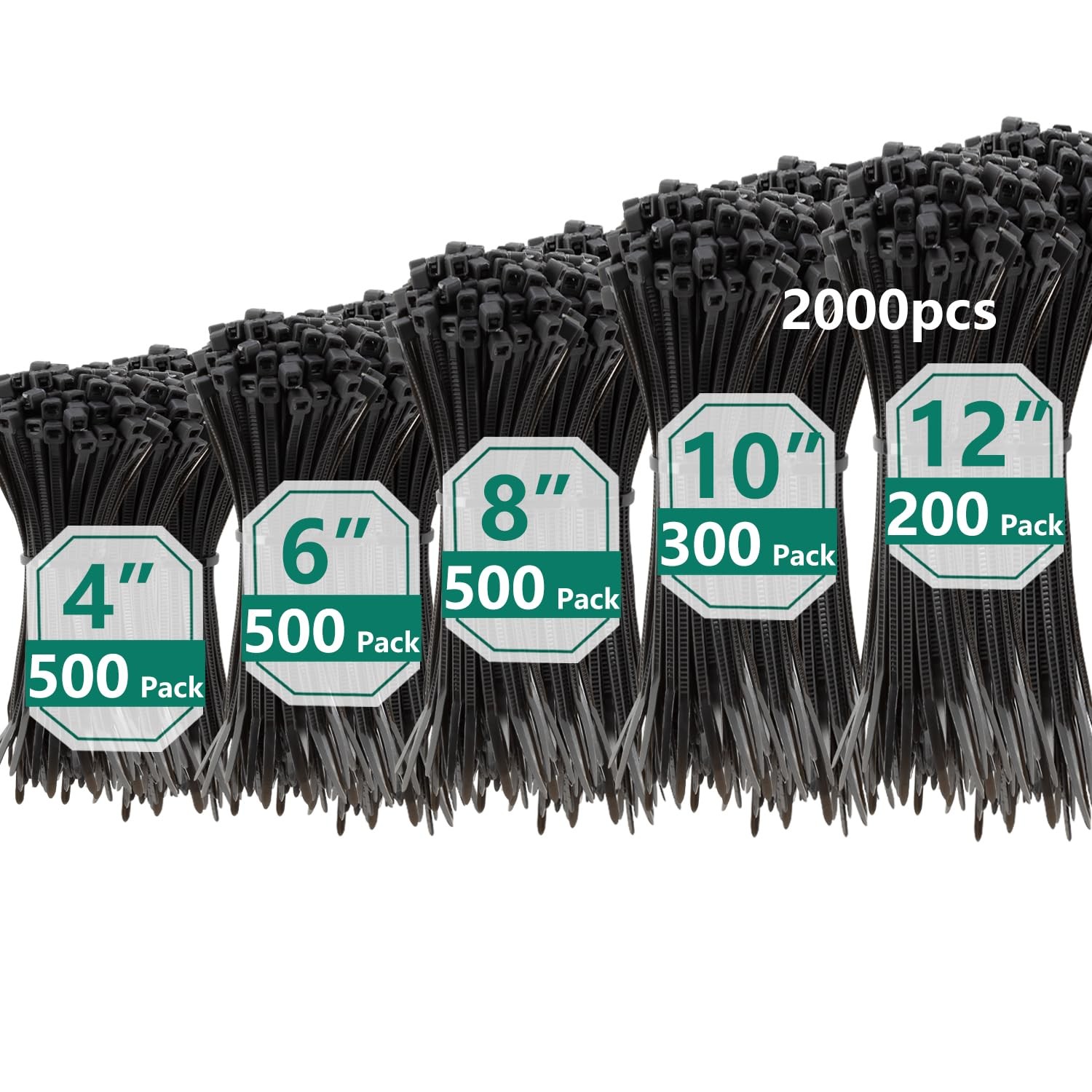 MasiStranth 2000 PCS Zip Ties Assorted Sizes 4+6+8+10+12 inch(2000pcs), Black