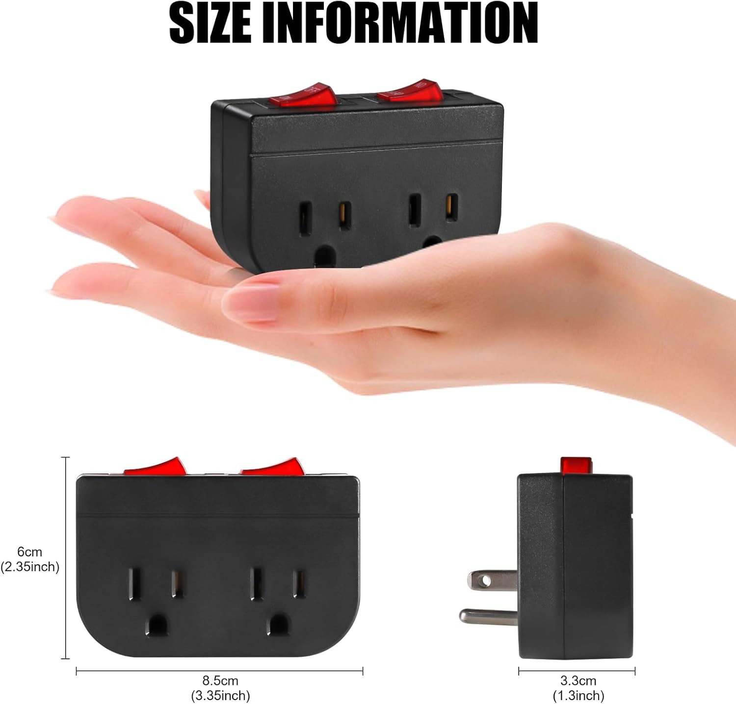Dual On/Off Switch Grounded Outlet 2-Port Plug Adapter 15A 1875W ETL Black 1PK