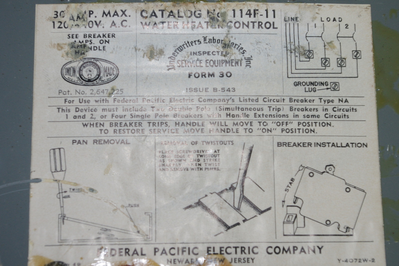 Federal Pacific 114F-11 Water Heater Control w/ (2) 15A Breakers *FREE SHIP*
