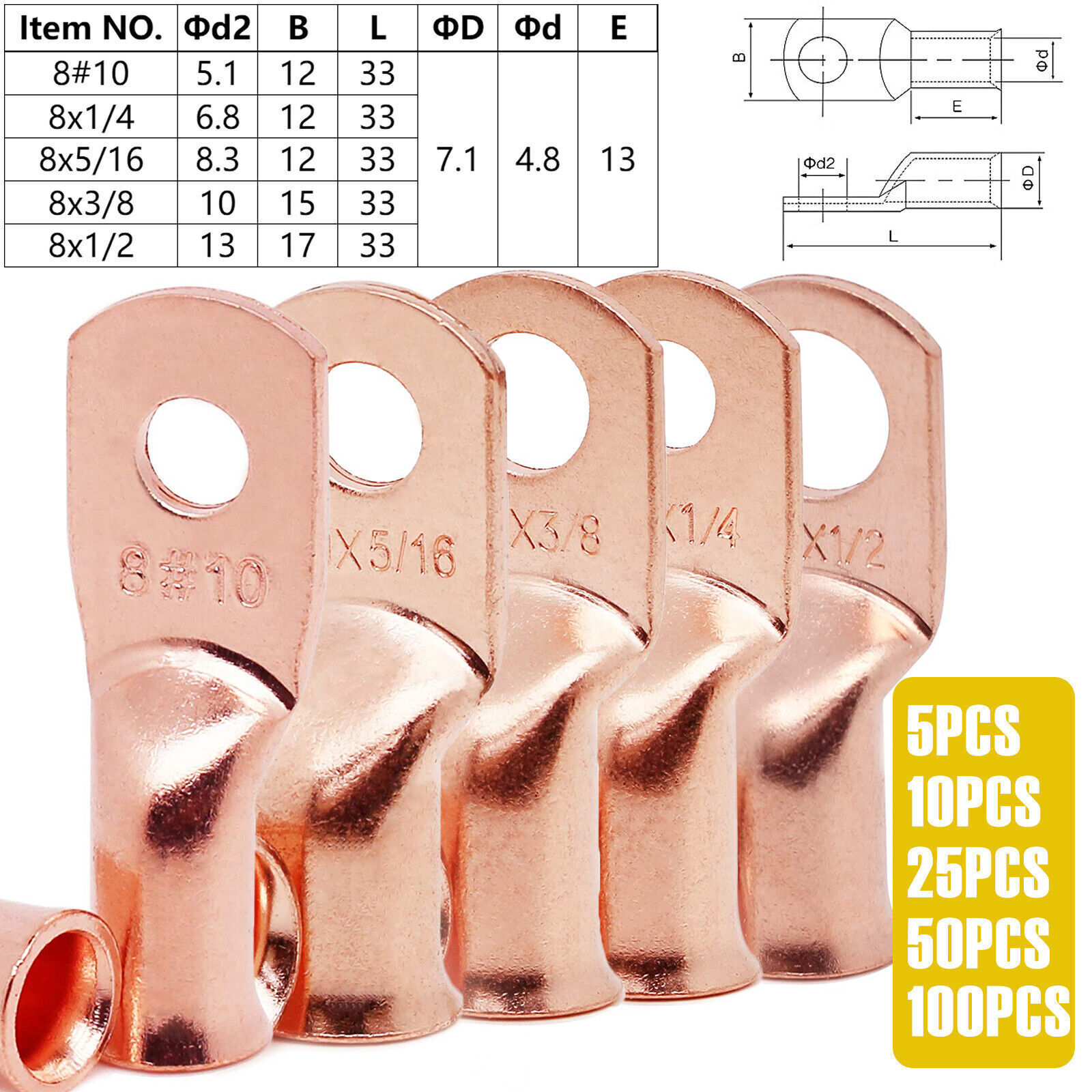8-4/0 AWG Bare Copper Cable Wire Lugs Ring Terminals Battery Wire Welding Cable