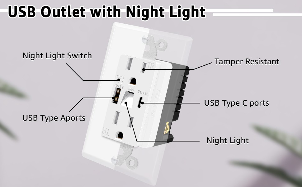 2PK USB Outlets with Night Lights USB A/C 24W Fast Charging 4.8A On/Off