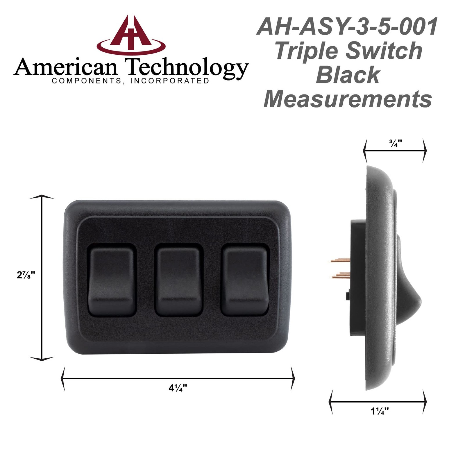Triple SPST On-Off Switch with Bezel, 12-Volt, for RV, Trailer, Camper (Black)