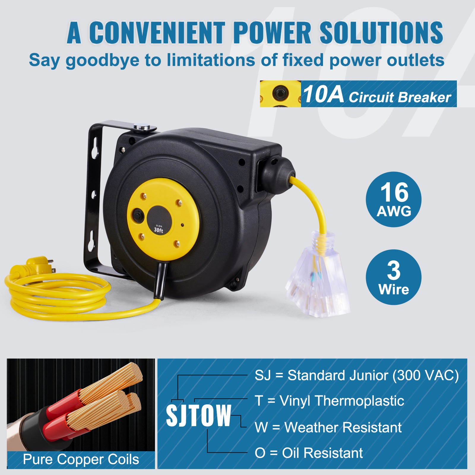 Uimoso Retractable Power Cord Reel with 30FT 16AWG/3C SJTOW Cable