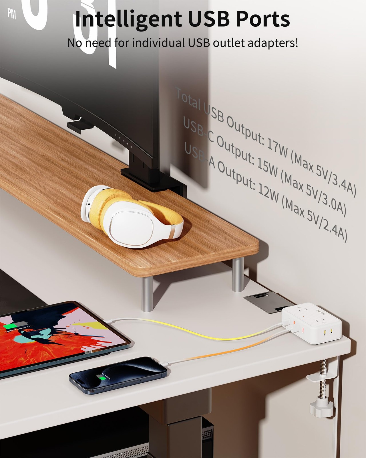 Desk Clamp Power Strip Charging Station 4 Outlet 4 USB 10 Ft White 2.75 Inch