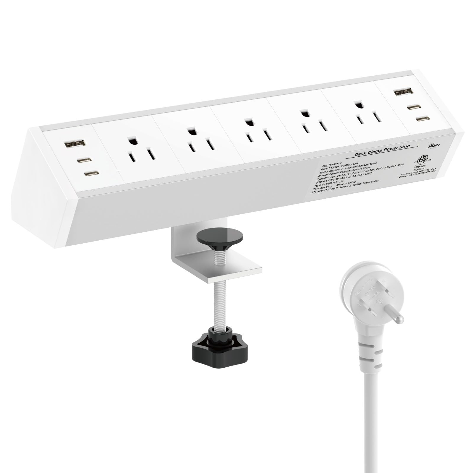 Desk Clamp Power Strip 5 Outlet 2 USB A 4 USB C 6 FT Cord Fits 1.6 Inch White