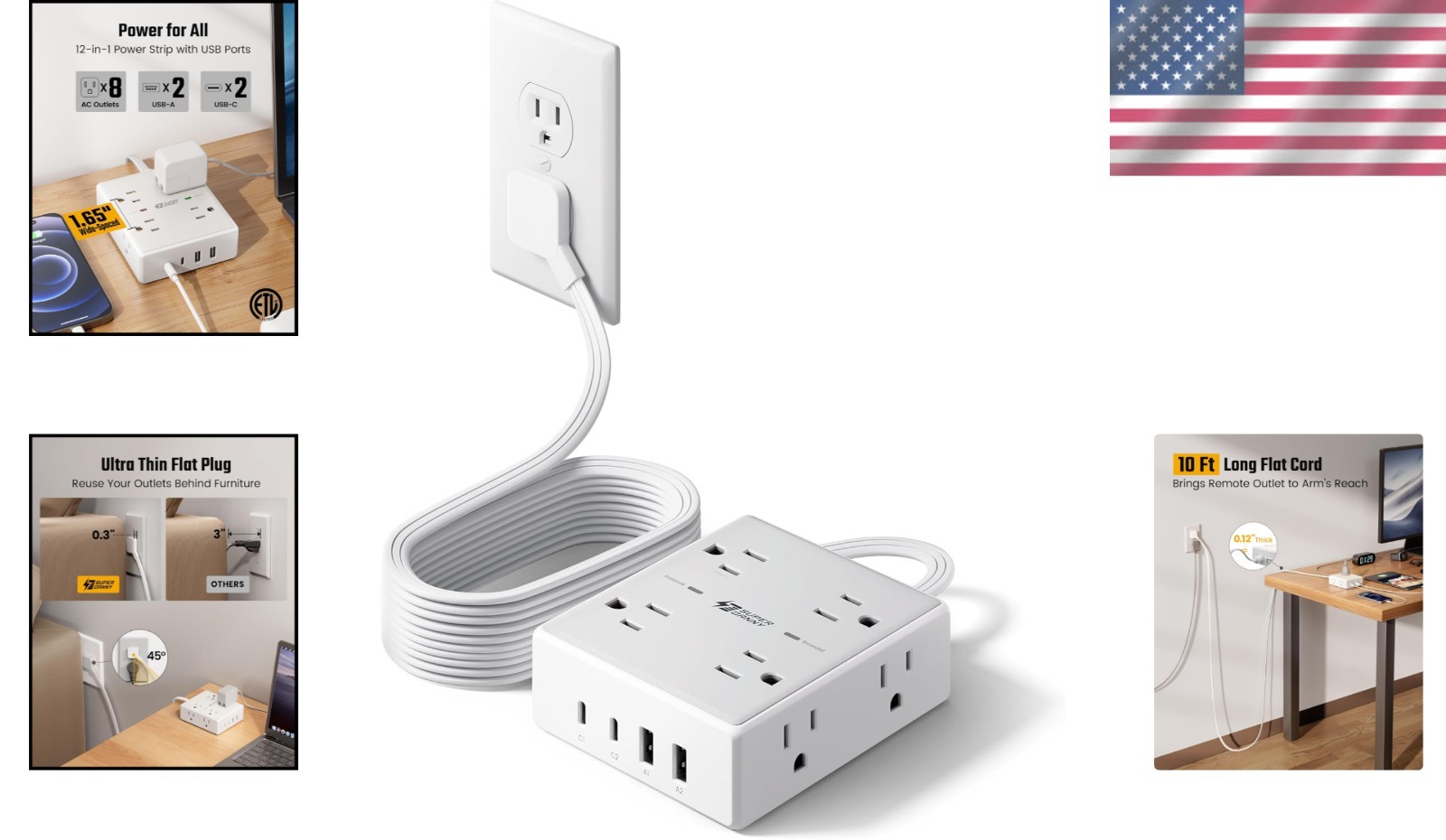 10Ft Surge Protection Power Strip: 8 Outlets & 4 USB Ports – Ideal for Any Setup