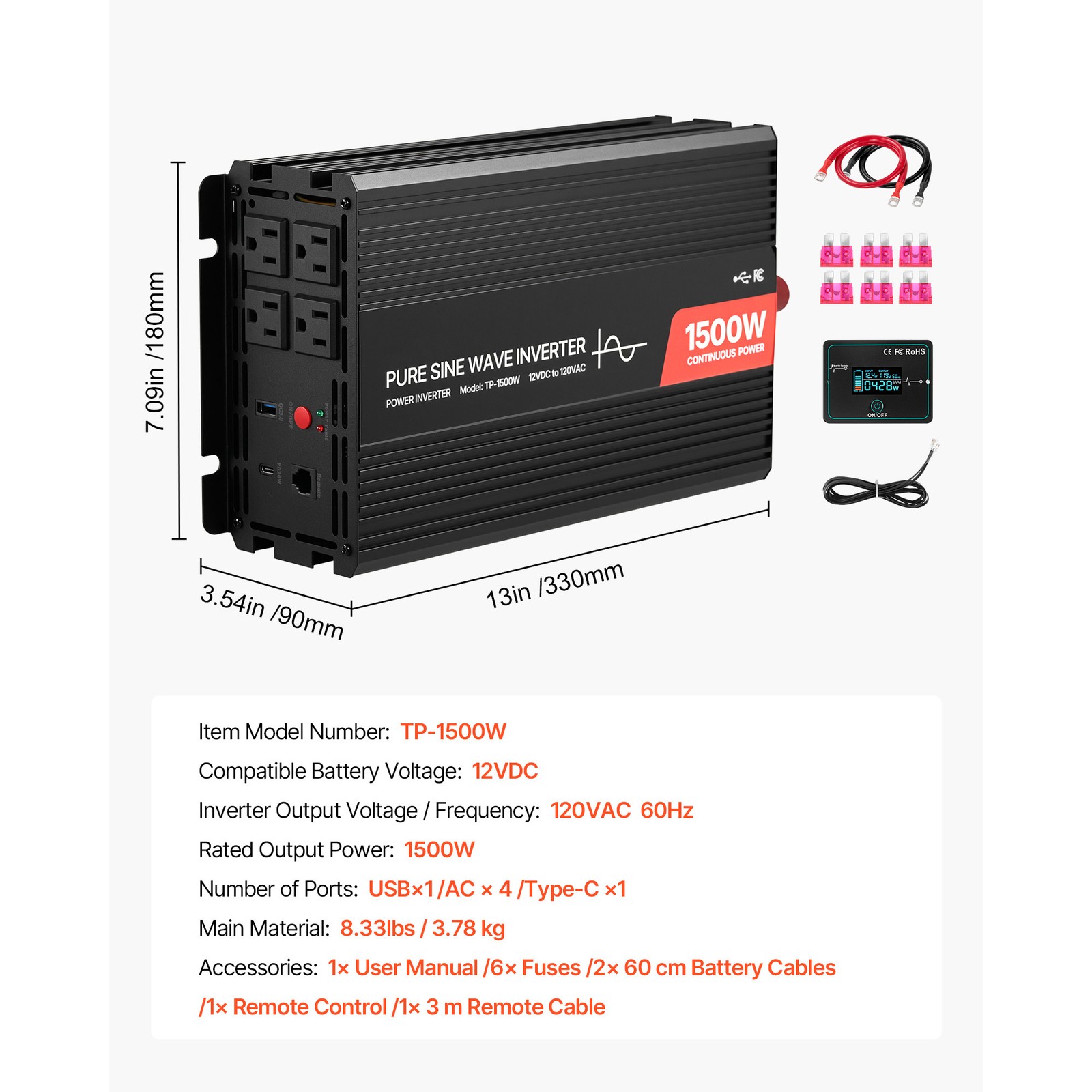 Uimoso 1500W Pure Sine Wave Inverter 12V DC to 120V AC with Remote & USB-C