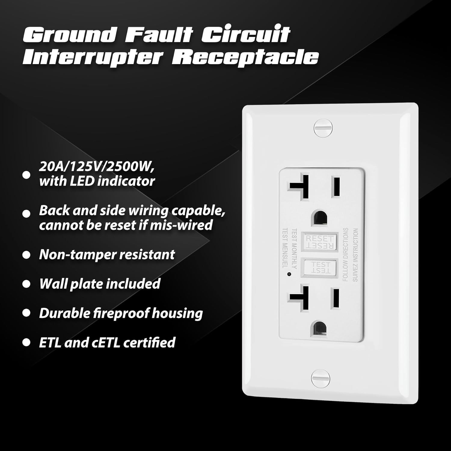 50 Pack GFCI Outlets 20 Amp, Non-Tamper Resistant, Decor GFI Receptacles with LE