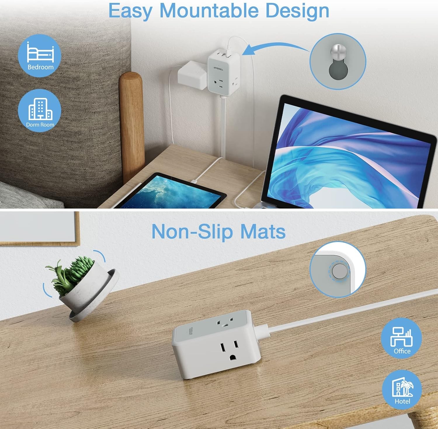 Thin Flat Plug Power Strip with USB 3 Outlet Slim 10ft Cord Portable for Travel