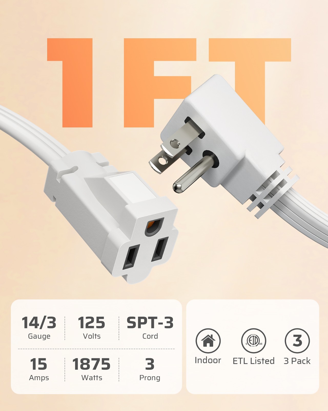 DEWENWILS 1FT Flat Plug Extension Cord 3-Pack, Space Saving, 14/3 SPT-3, 15A