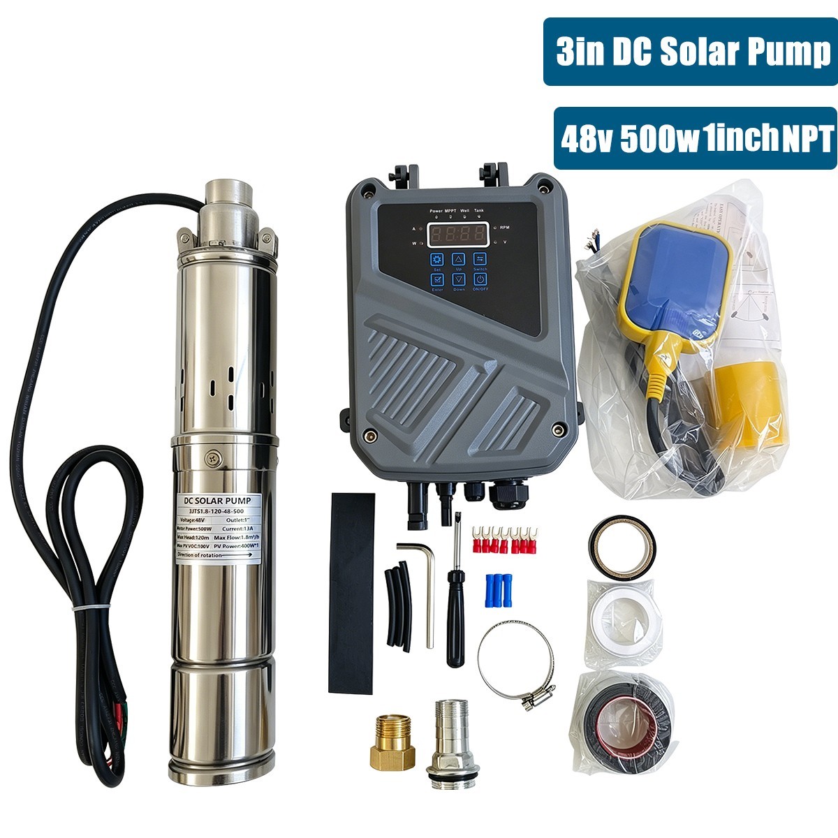 3″ Solar Pump Submersible Pump Bore DC 48V 500W Deep Well Pump + MPPT Controller