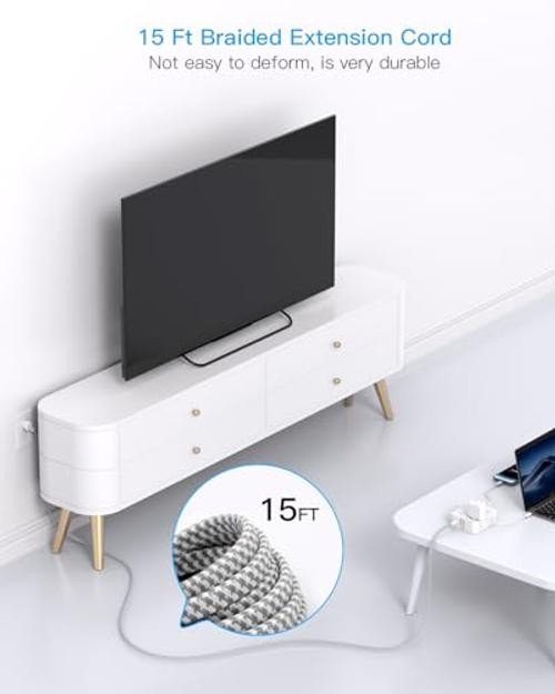Surge Protector Power Strip 15 Ft Long Cord, 1080J, Flat Plug | 15ft White
