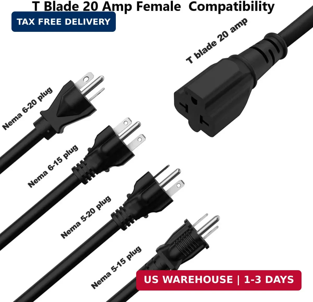 1-Foot 12 AWG 15 Amp Household Plug to 20 Amp Adapter Cable,Nema 5-15P to 5-15R/