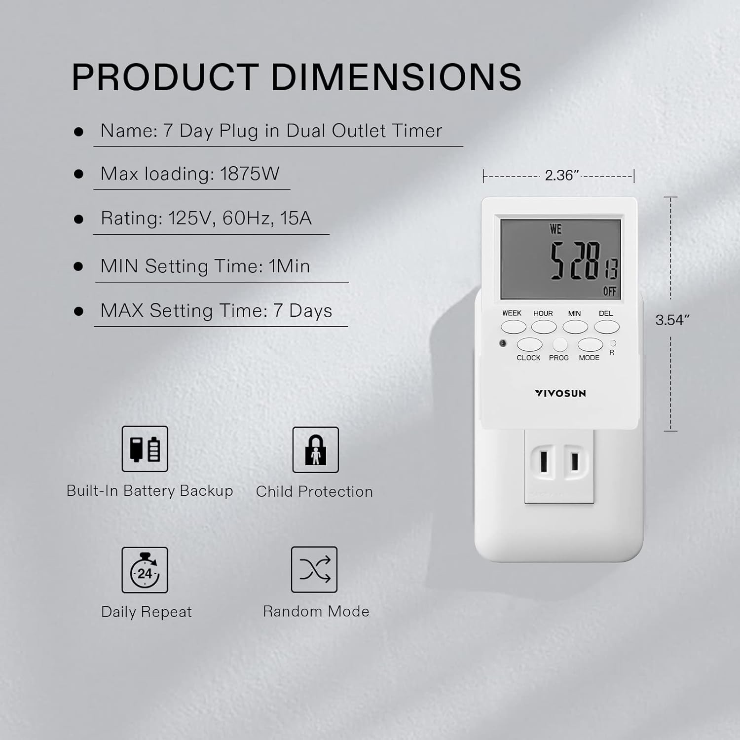 7 Day Timer Digital Programmable Electric Timer Indoor with Dual Outlet Switch