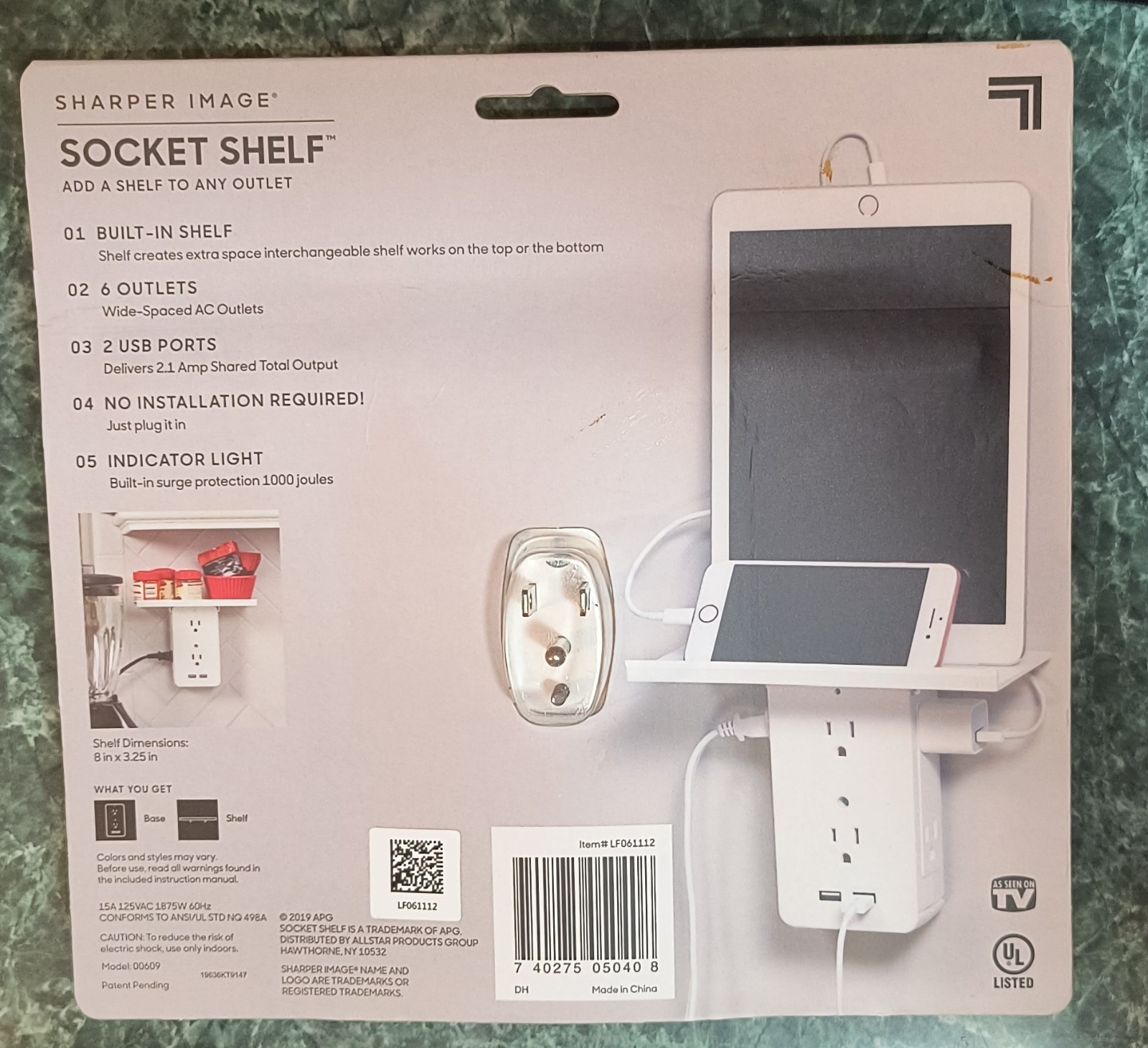 Sharper Image Socket Shelf Cordless Wall 6-Outlet Extender – White
