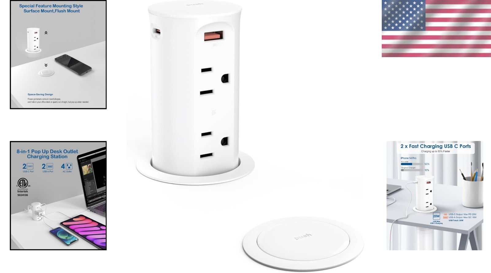 Countertop Power Grommet, 15A Outlet, 4 USB Ports, 4 Outlets