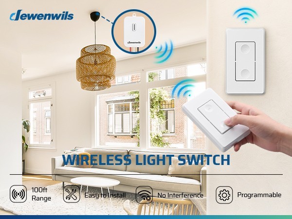 DEWENWILS Wireless Light Switch Kit, No Wiring Needed, 100FT RF Range, 15A/1800W