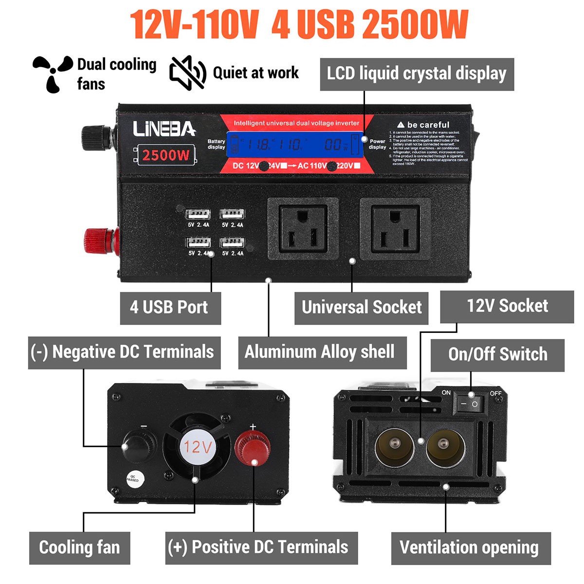 1500W 2500W 5000W Car Power Inverter 12V to 110V Converter 3AC 4USB LCD Display