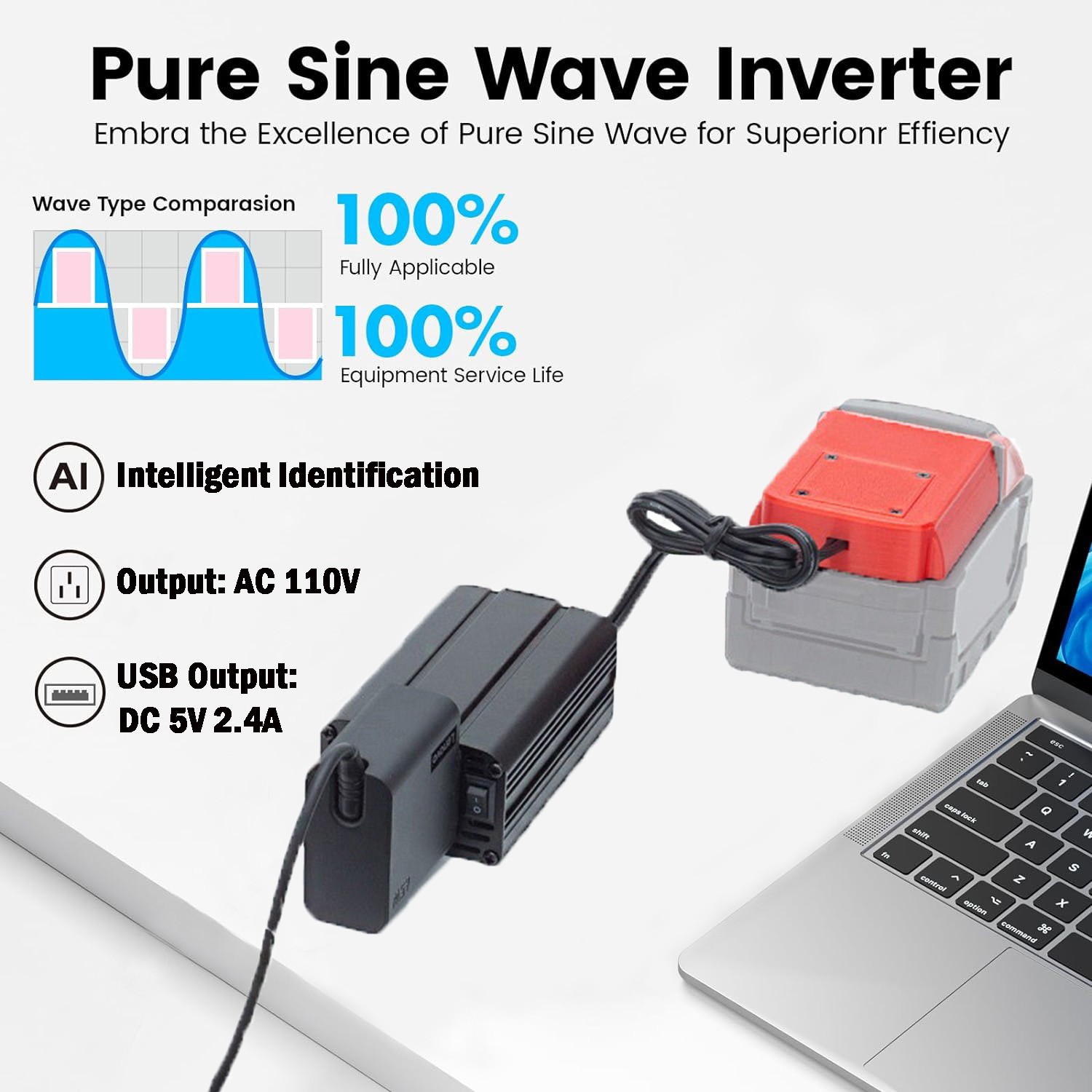 For Milwaukee 18V Battery Power Inverter Converter DC 15-21V To AC 110v w/USB US