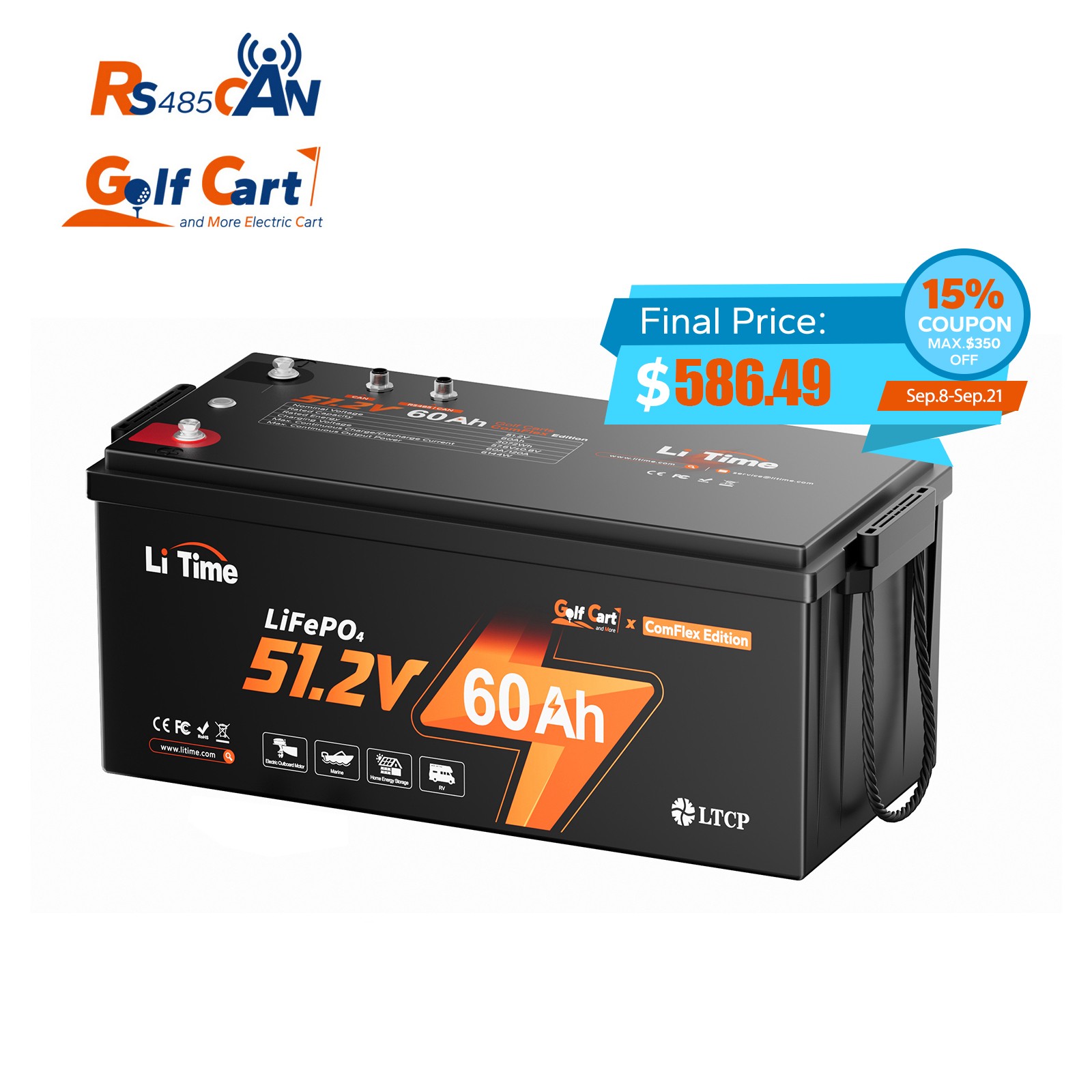 LiTime 48V 60Ah Lithium Golf Cart Battery LiFePO4 Support Parallel Communication