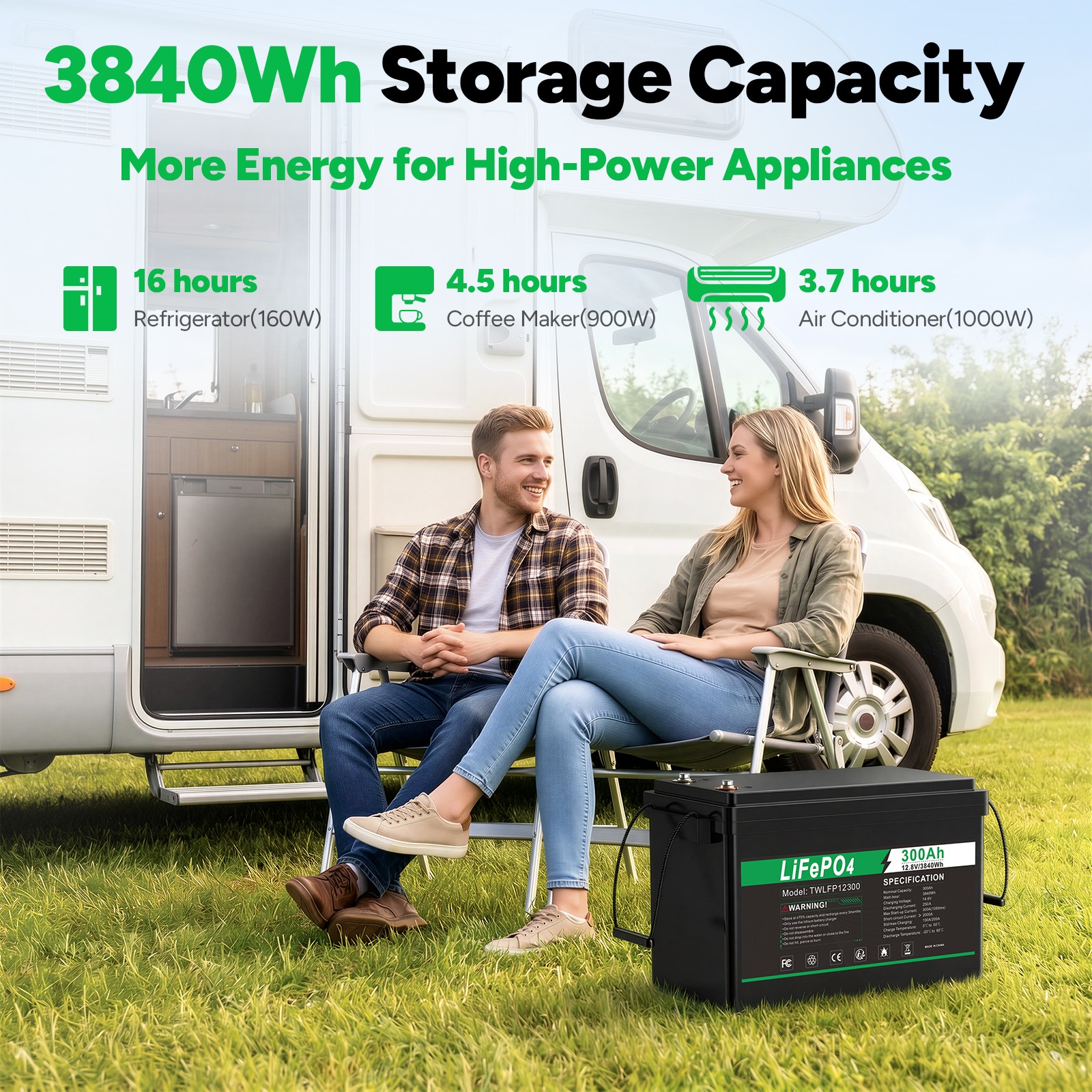 12V 300Ah lifepo4 lithium Battery BMS Deep Cycle Solar For Off-grid RV Marine US