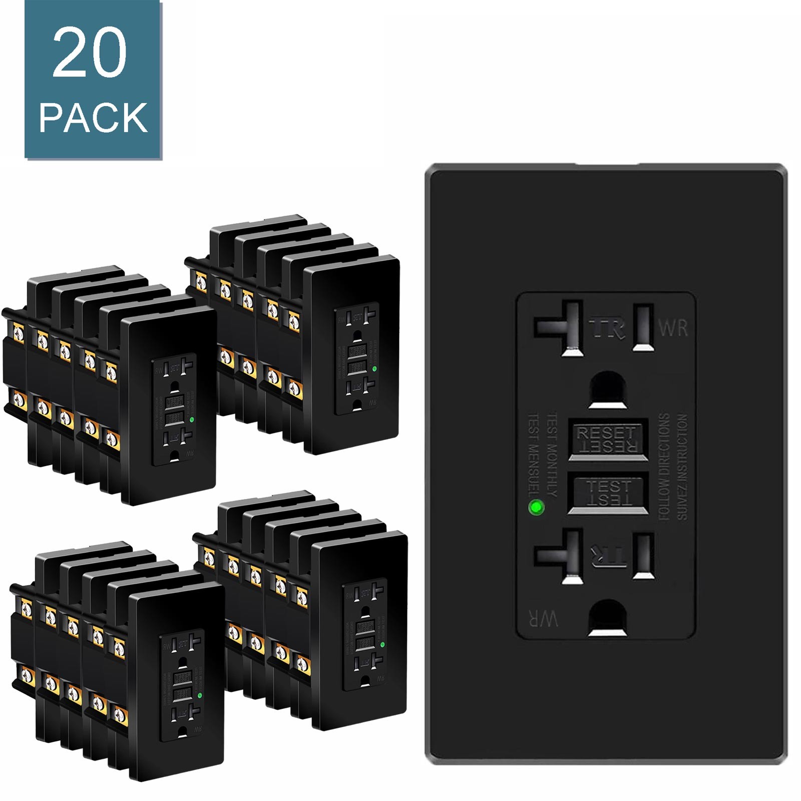 GFCI Outlet 20 Amp Ground Fault Circuit Interrupter Tamper-Resistant Black 20PCS