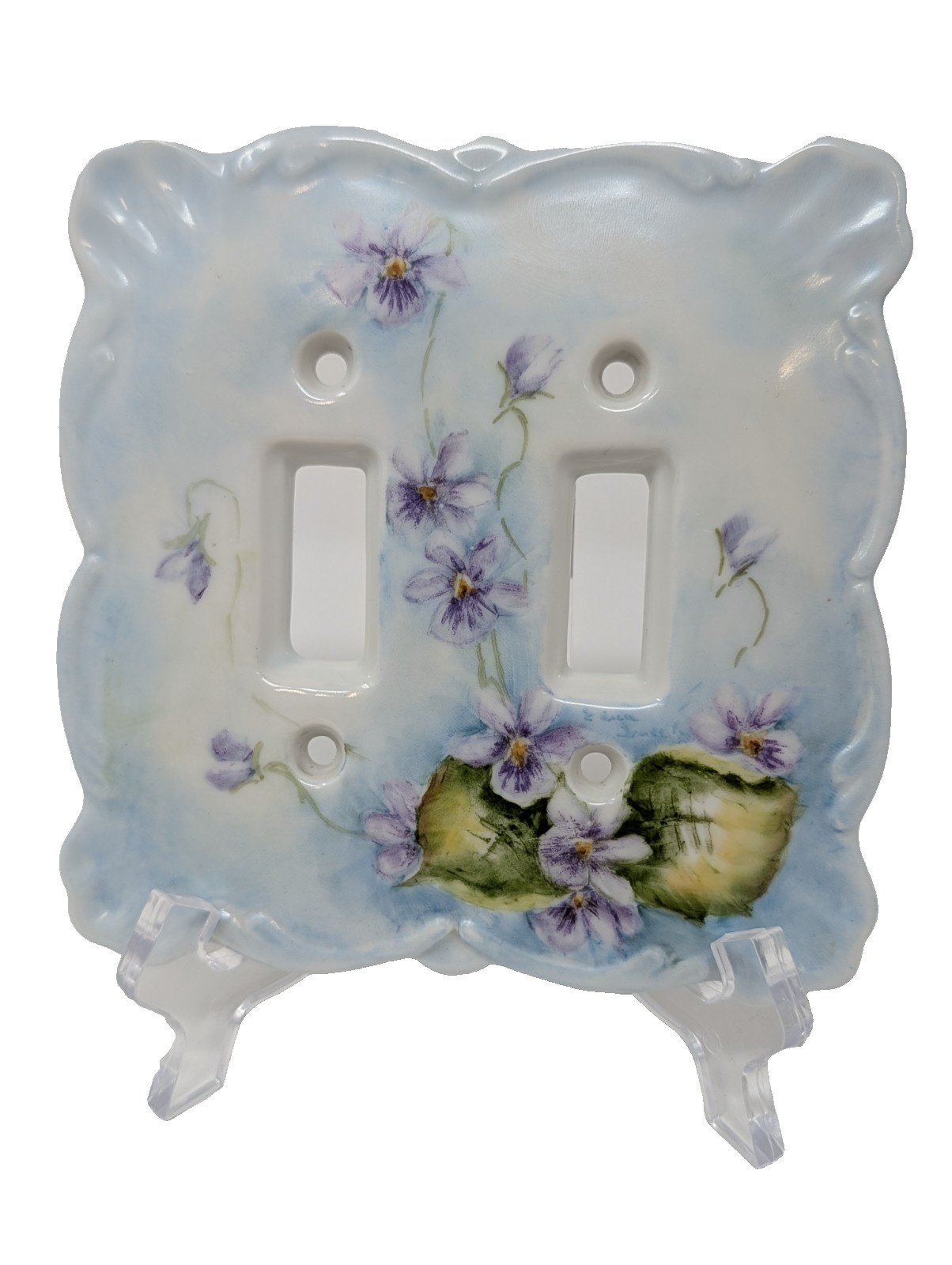 VTG Hand Painted Violets China Double Toggle Light Switch Plate Scalloped SIGNED