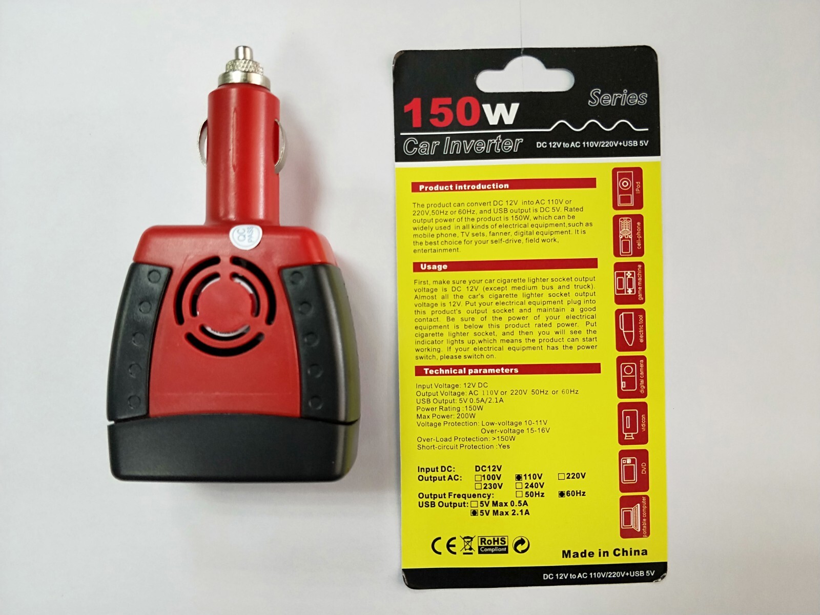 150W Car Power Inverter Laptop Phone Charger DC12V to AC110V Adapter + USB 5V