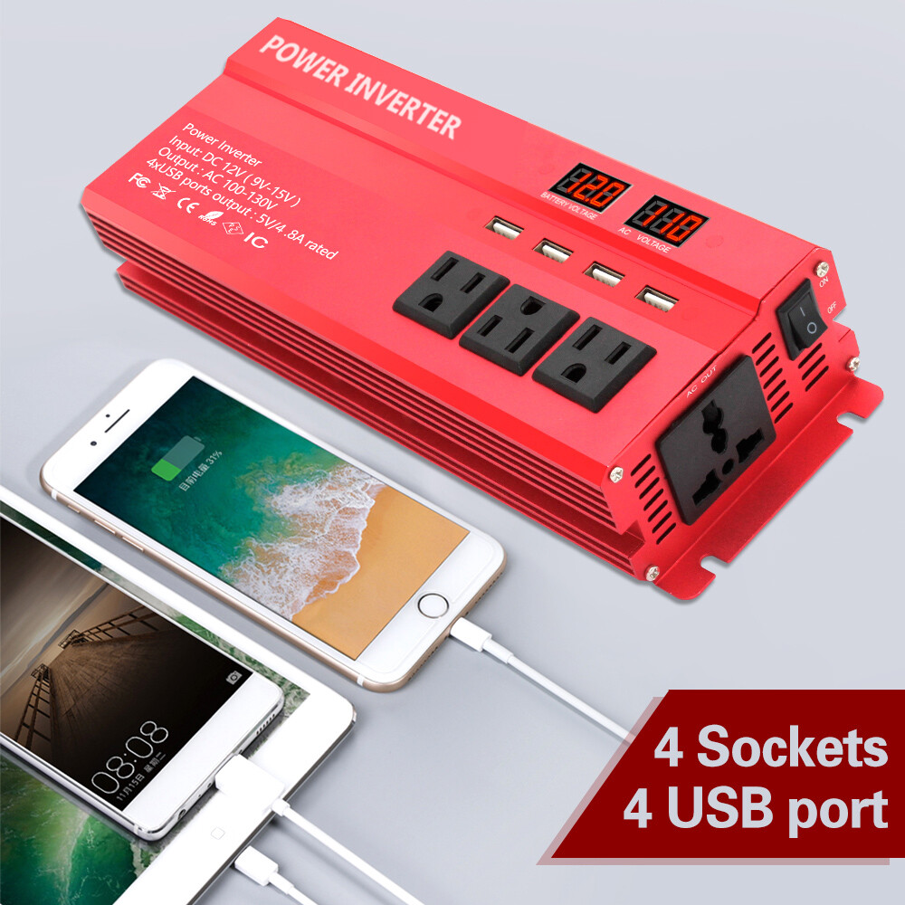 1000W Power Inverter 12V DC to 110V AC Converter 2000W Peak 3 Outlets 4 USB Port