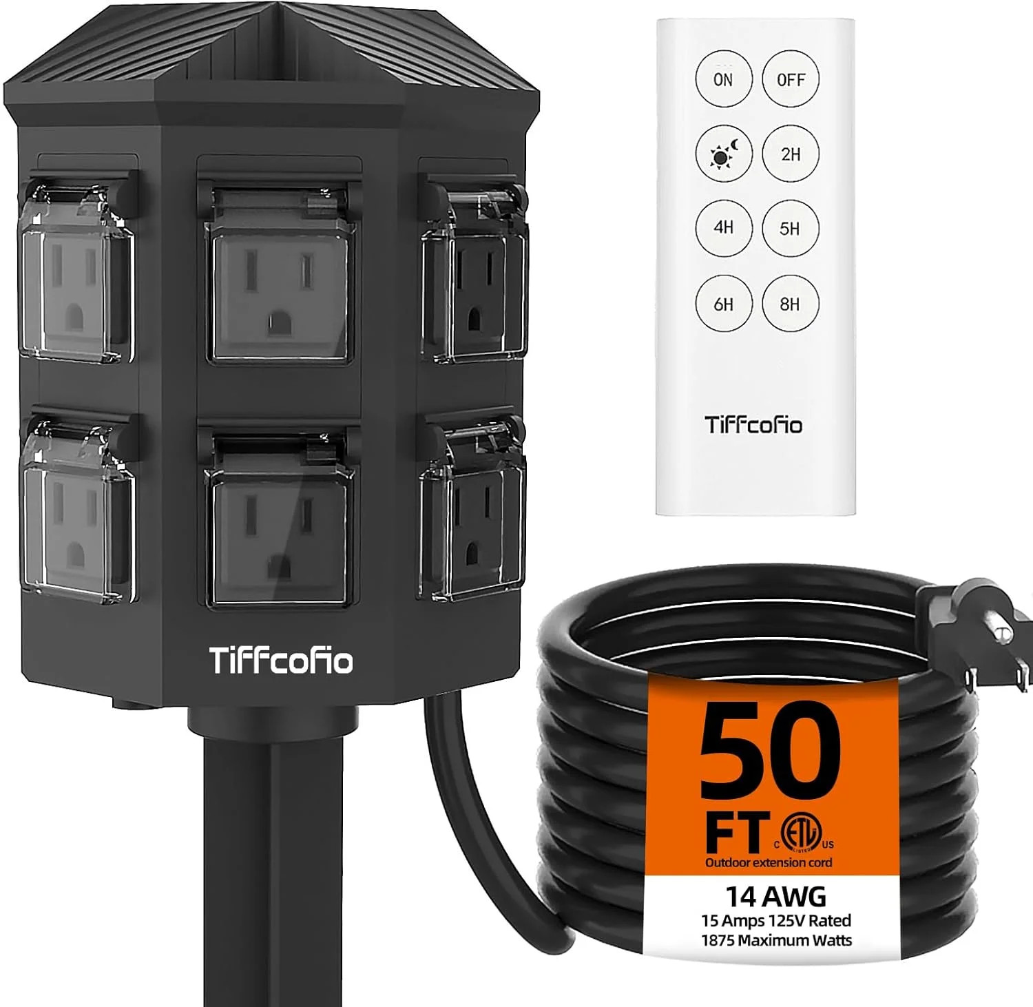 TiFFCOFiO Outdoor Power Strip with 50 FT Extension Cord, 100FT Remote Control, D