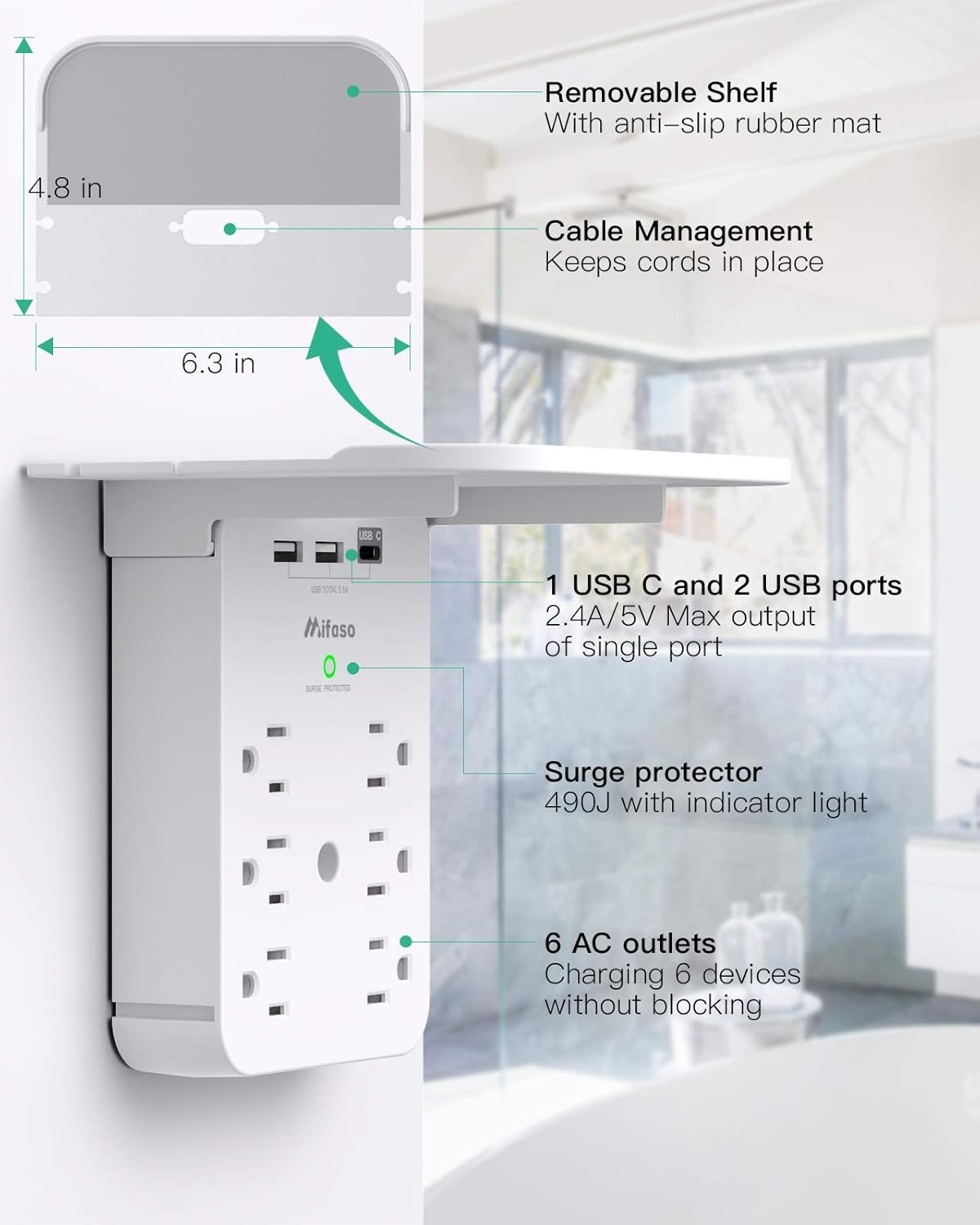 Multi-Plug Wall Outlet Extender with 490 Joules Surge Protection – Space Saver