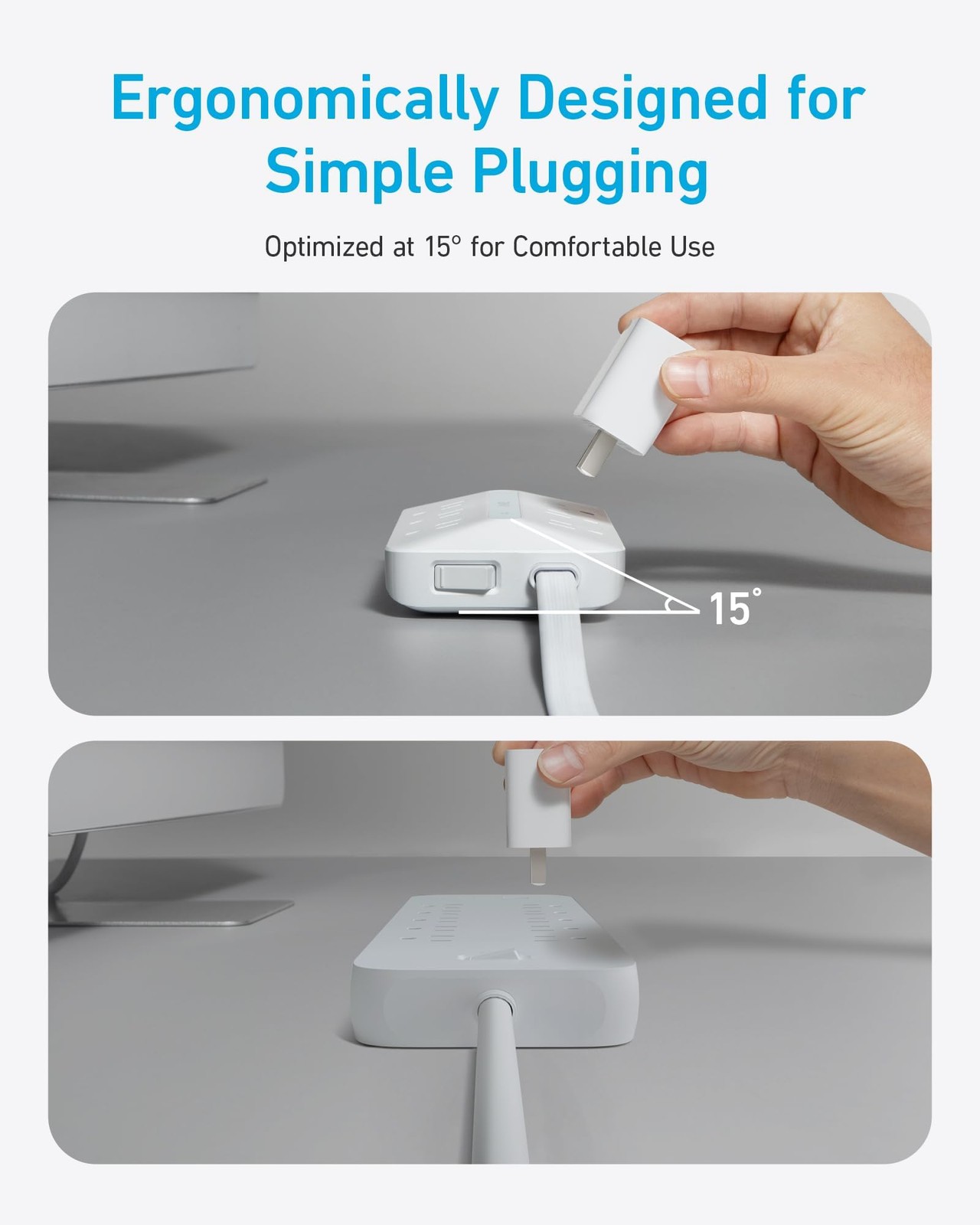 Anker Power Strip with 300J Surge Protector, Flat Plug Extension 10FT, White