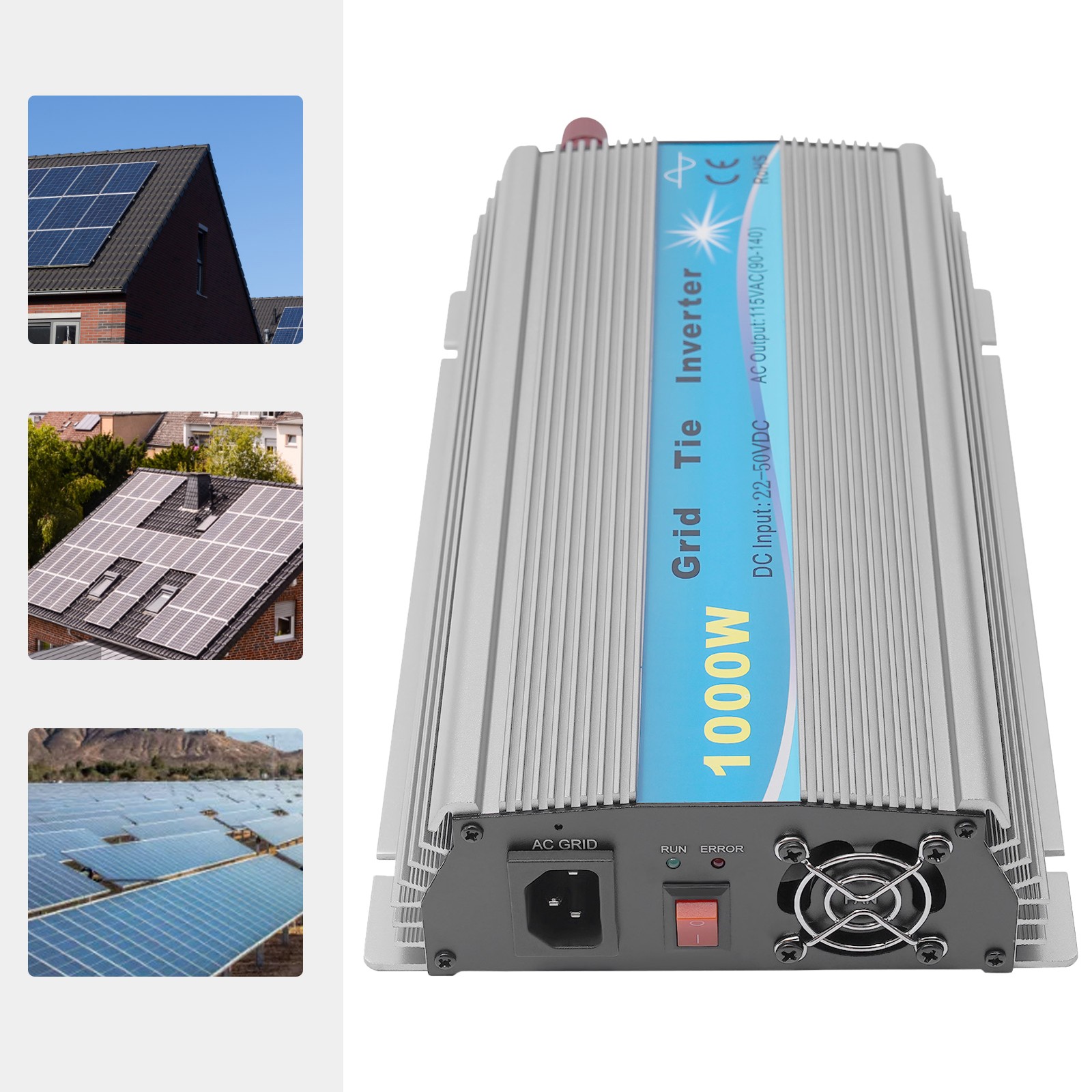 1000W Grid Tie Solar Inverter 22-50V DC Input Pure Sine AC 90V-140V AC Output